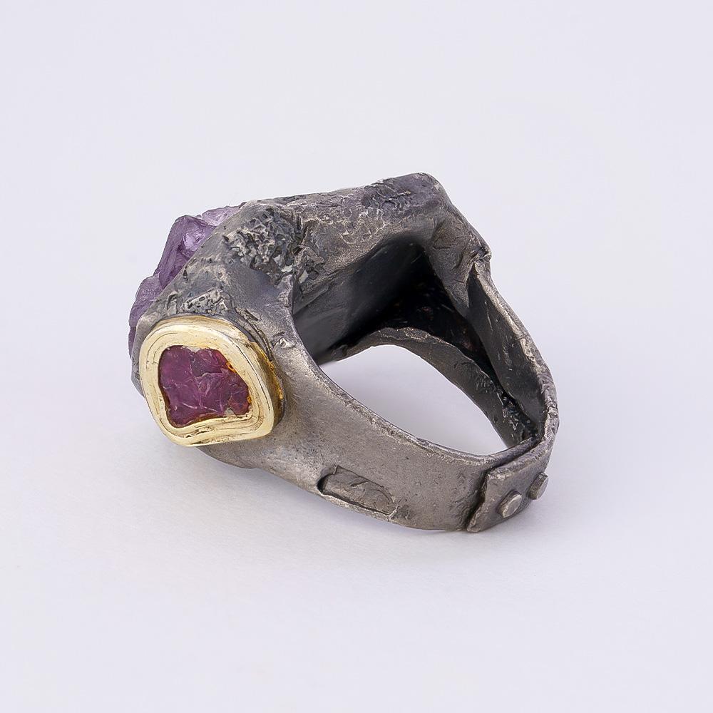 Rough Cut Exclusive 925 Sterling Silver Kish Amethyst and Ruby Ring by German Kabirski For Sale