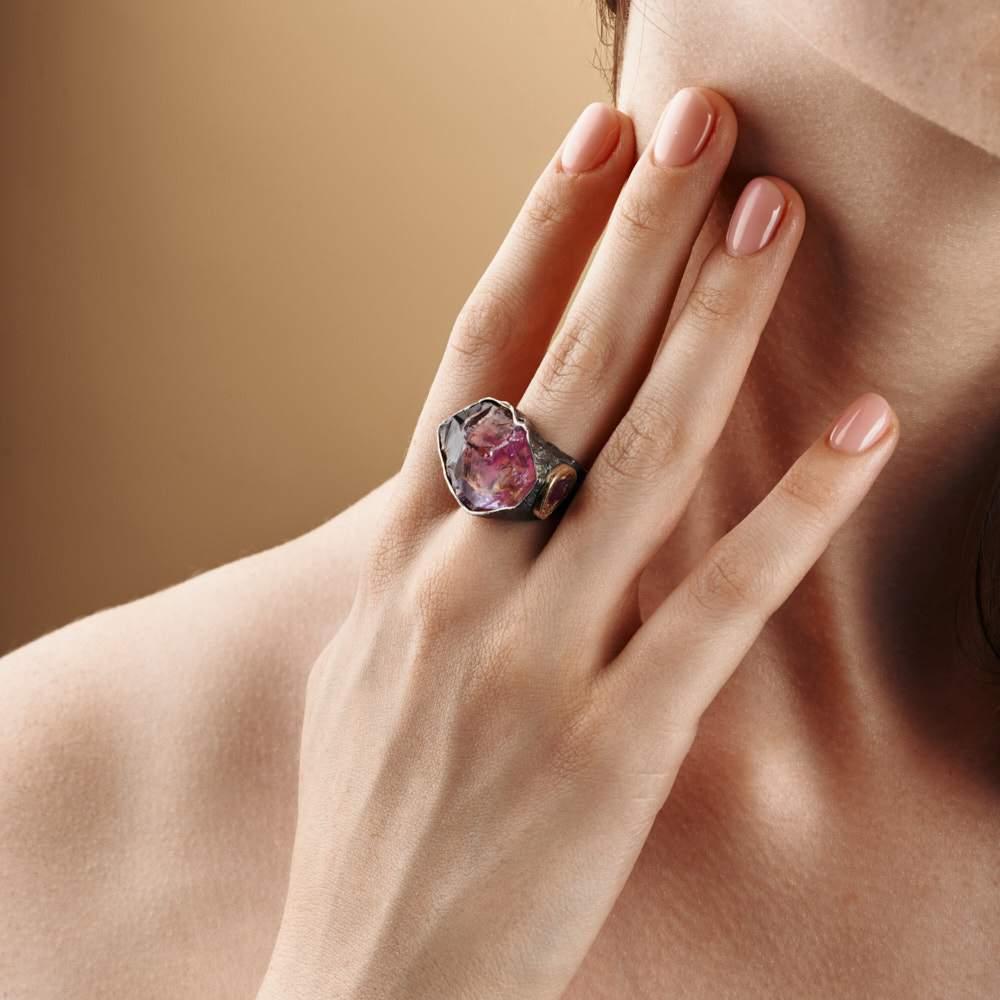 Arts and Crafts Exclusive 925 Sterling Silver Kish Amethyst and Ruby Ring by German Kabirski For Sale
