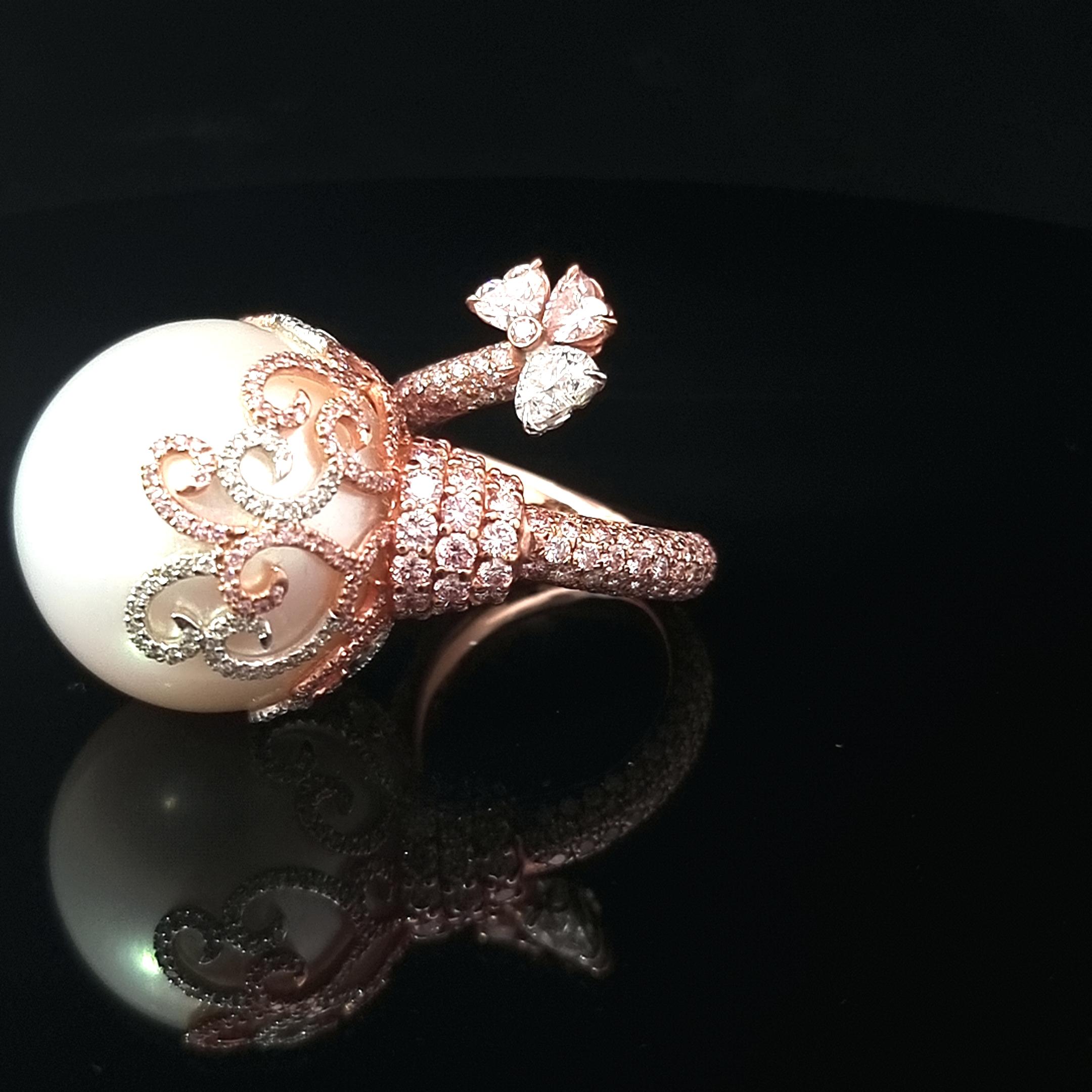 Round Cut Exclusive and Unique 21 MM GIA Certified Pearl Ring with Diamonds For Sale