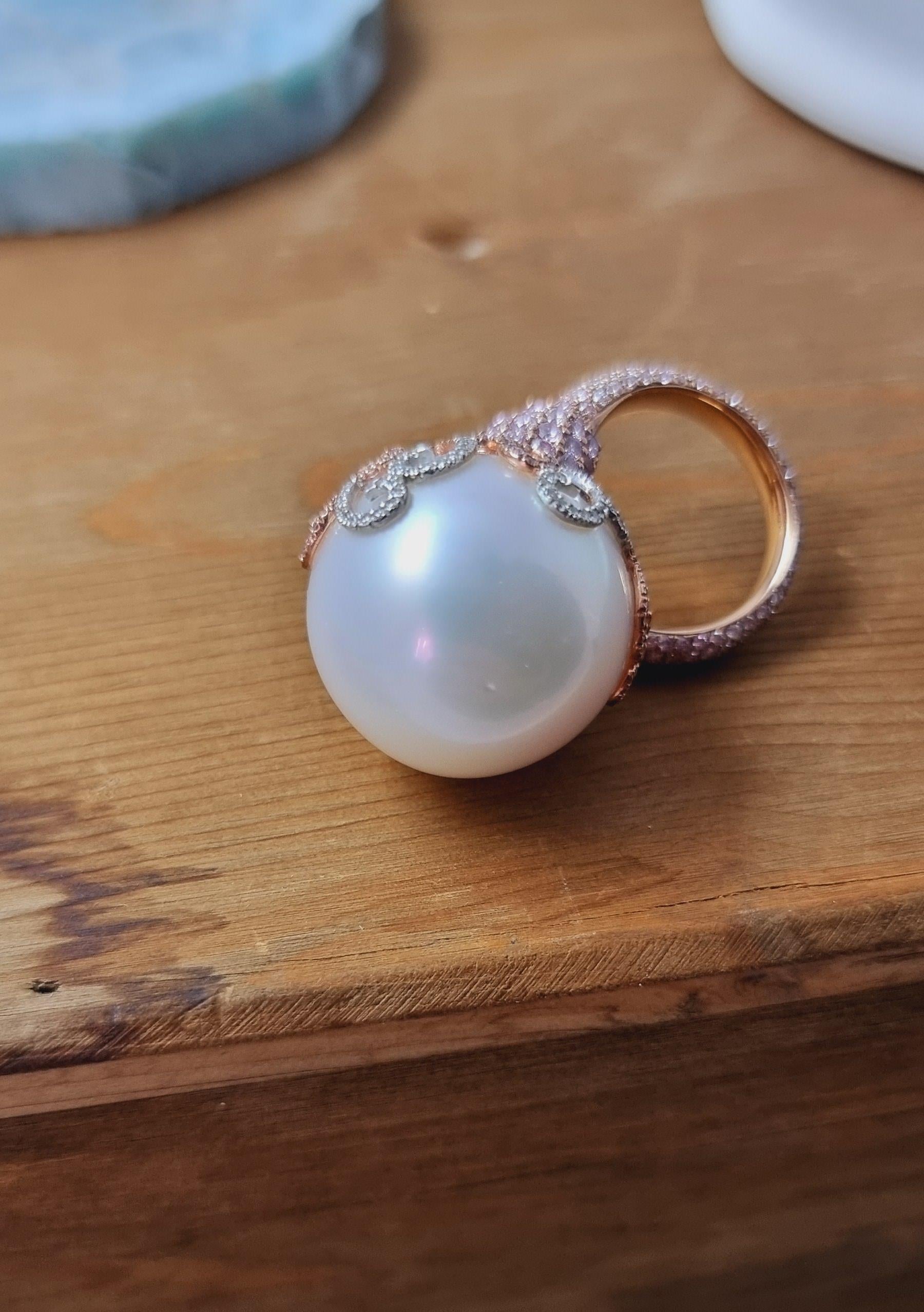 Exclusive and Unique 21 MM GIA Certified Pearl Ring with Diamonds For Sale 2