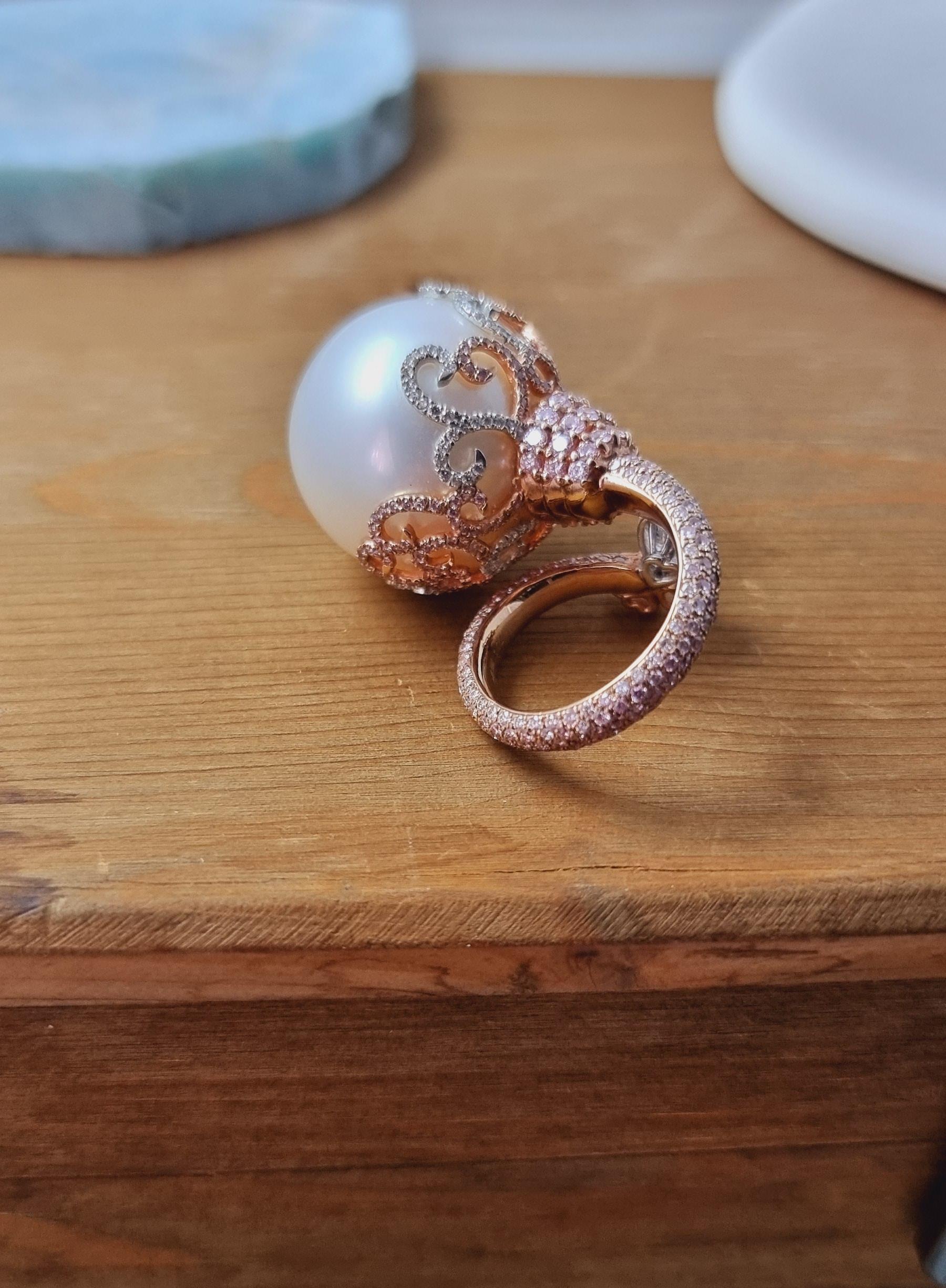 Exclusive and Unique 21 MM GIA Certified Pearl Ring with Diamonds For Sale 3