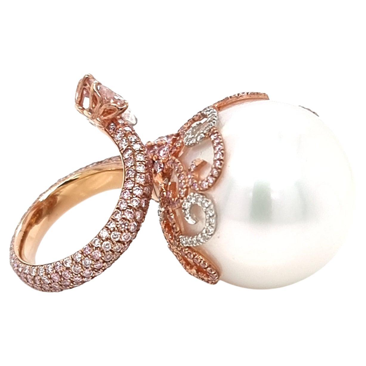 Exclusive and Unique 21 MM GIA Certified Pearl Ring with Diamonds For Sale