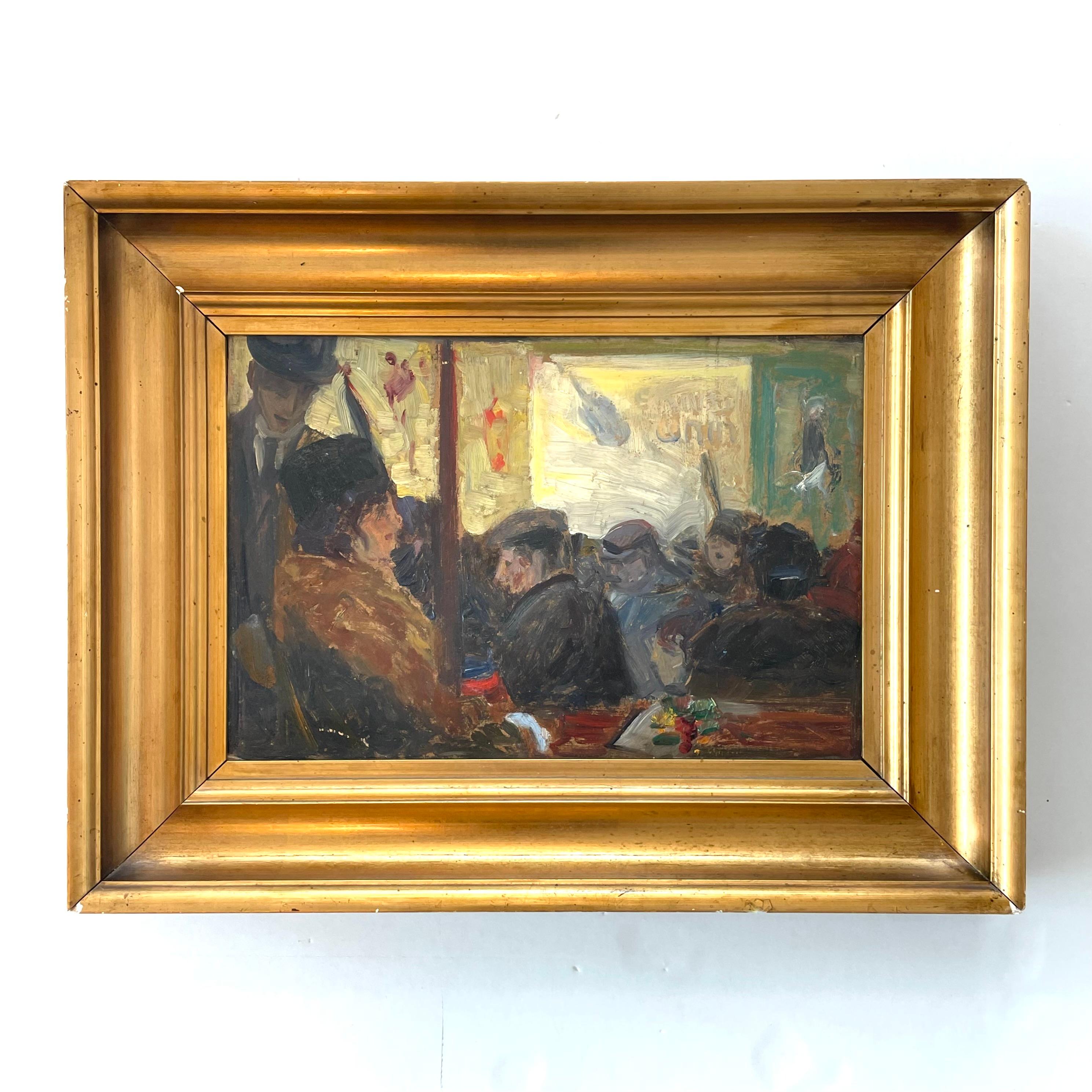 This is an original oil on plate painting estimated to be from the early 20th century. The motive is a lively café with the title: “I Kafeen” (At the café). 
It has a mark on the back with the title and name of the artist: “Lemerre”.

Signs of