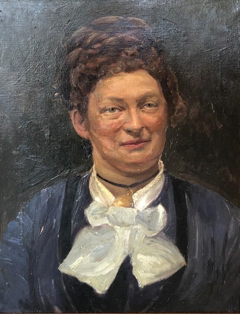 Paint Exclusive antique original large Danish oil on canvas portrait painting of woman For Sale
