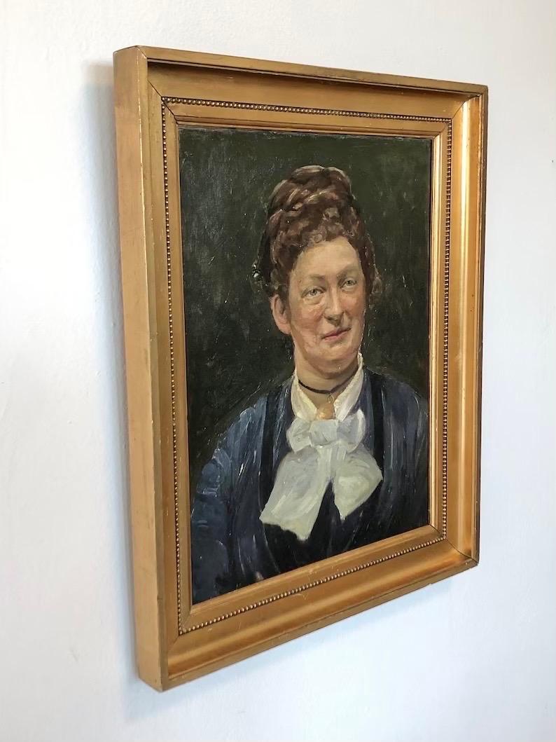 Grande huile sur toile originale danoise d'un portrait de femme en vente 3