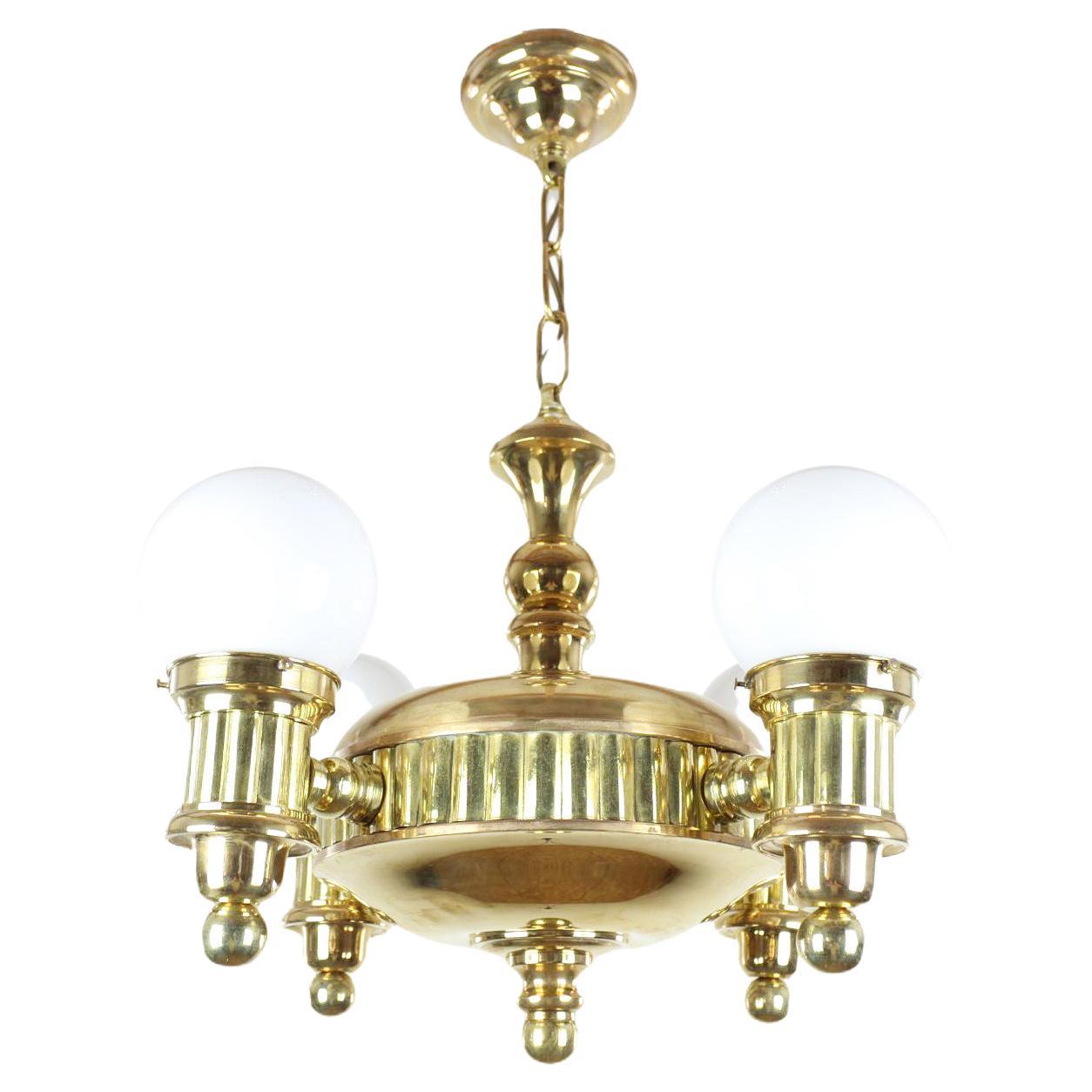 Swedish Art Deco Giltwood SevenArm Chandelier with Meander Design at