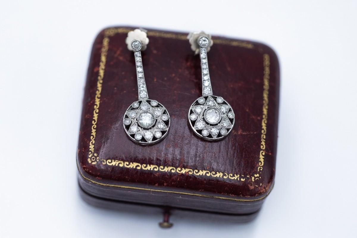 Boucles d'oreilles Art déco exclusives en or jaune 18 carats et platine avec diamants Unisexe en vente