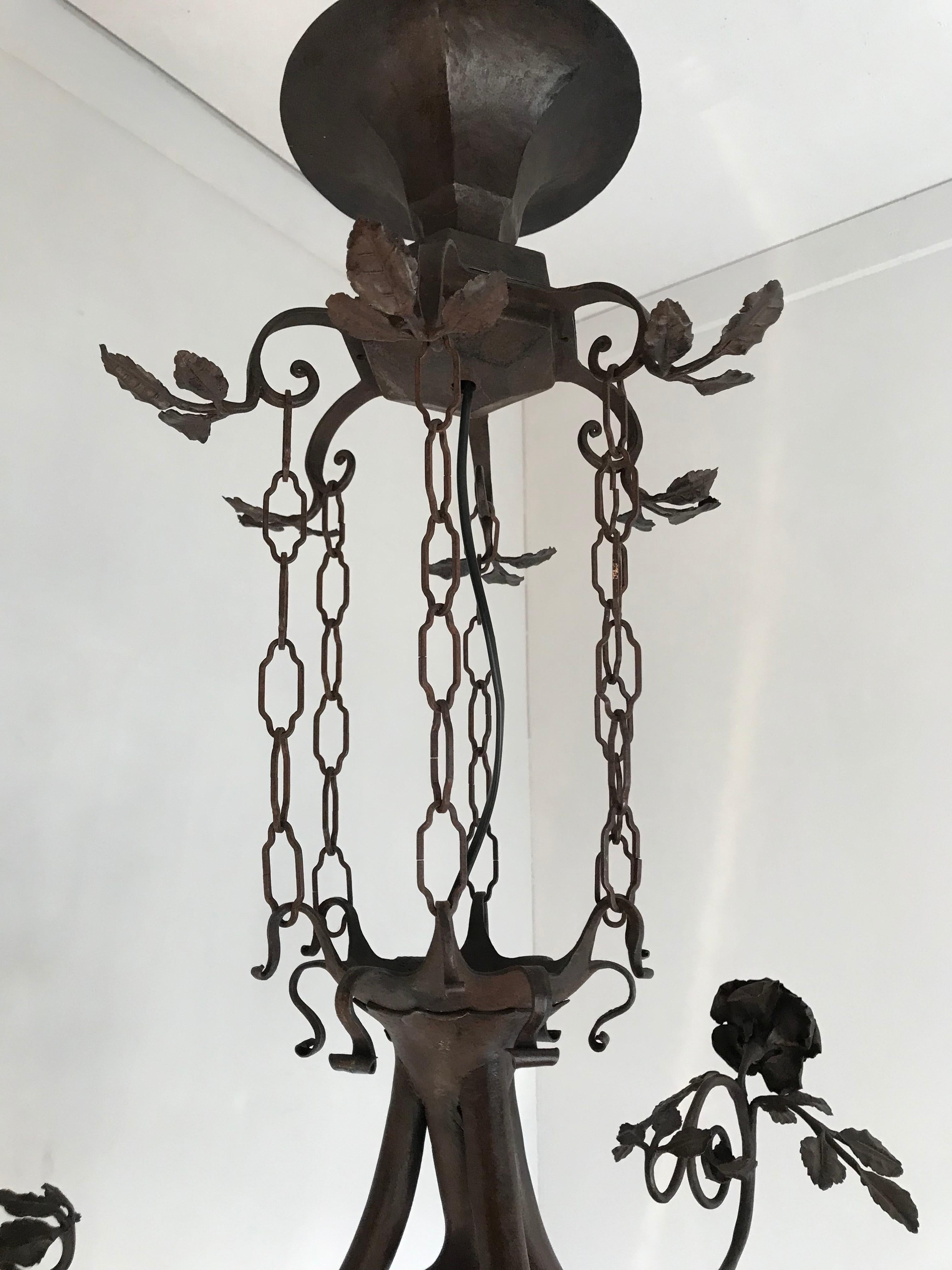 Exclusive Arts & Crafts Wrought Iron and Glass Chandelier w Roses Bush Theme For Sale 2