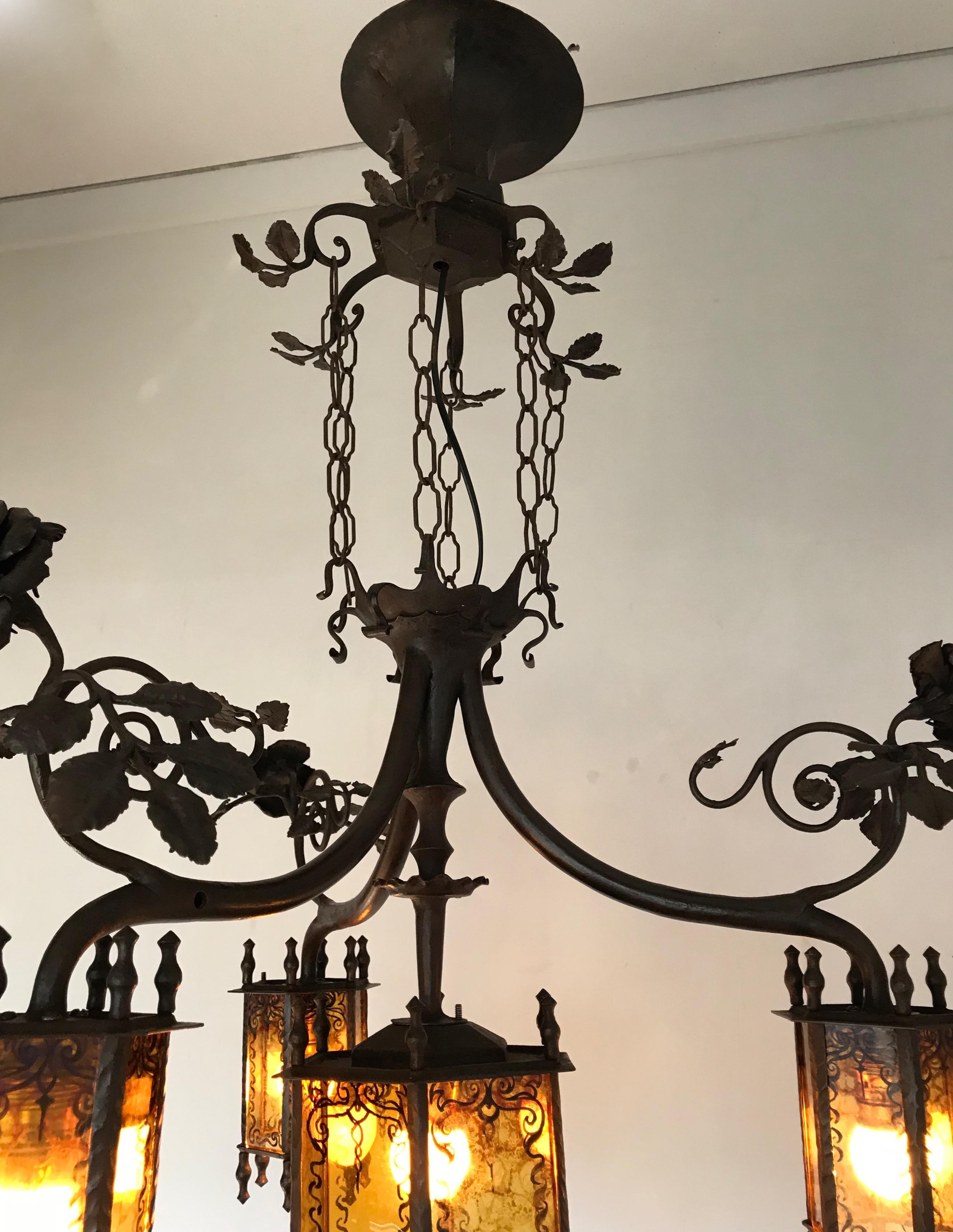 Exclusive Arts & Crafts Wrought Iron and Glass Chandelier w Roses Bush Theme For Sale 4