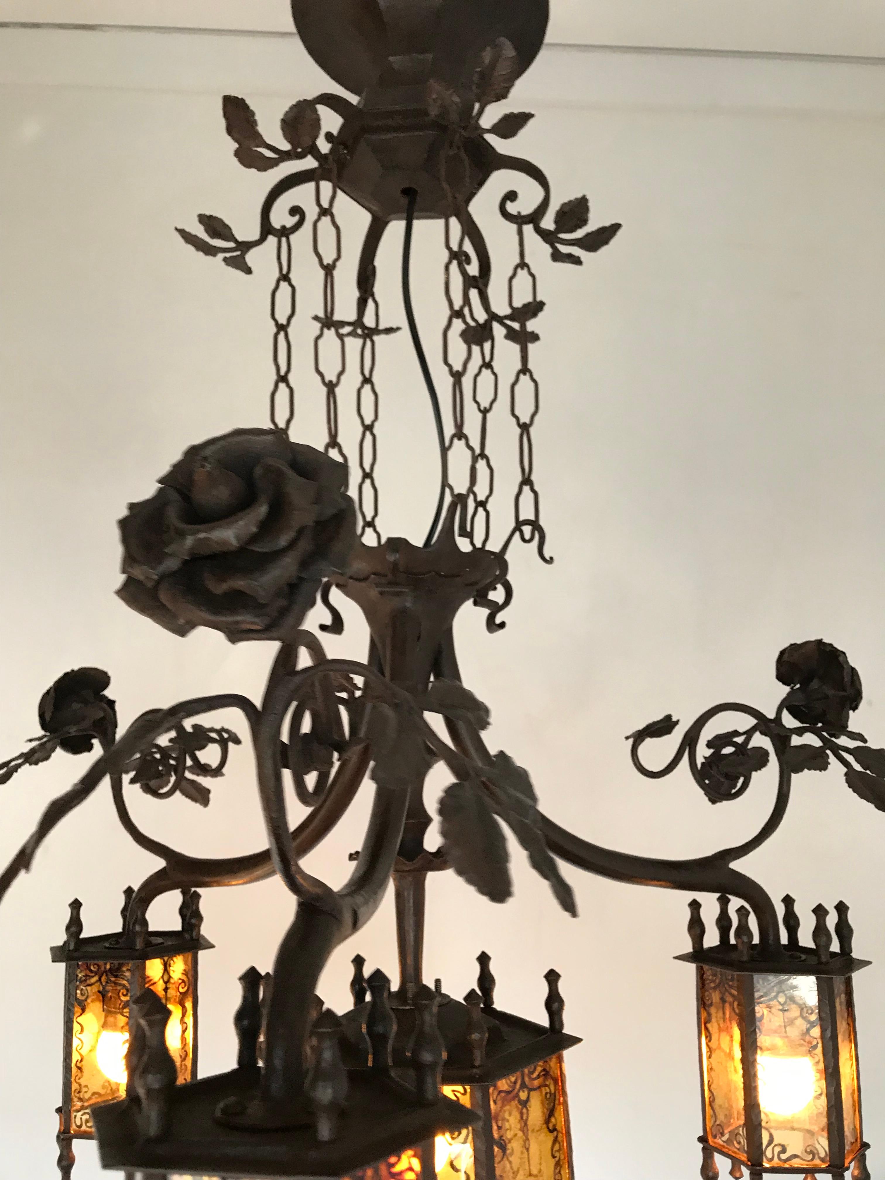 Exclusive Arts & Crafts Wrought Iron and Glass Chandelier w Roses Bush Theme For Sale 5