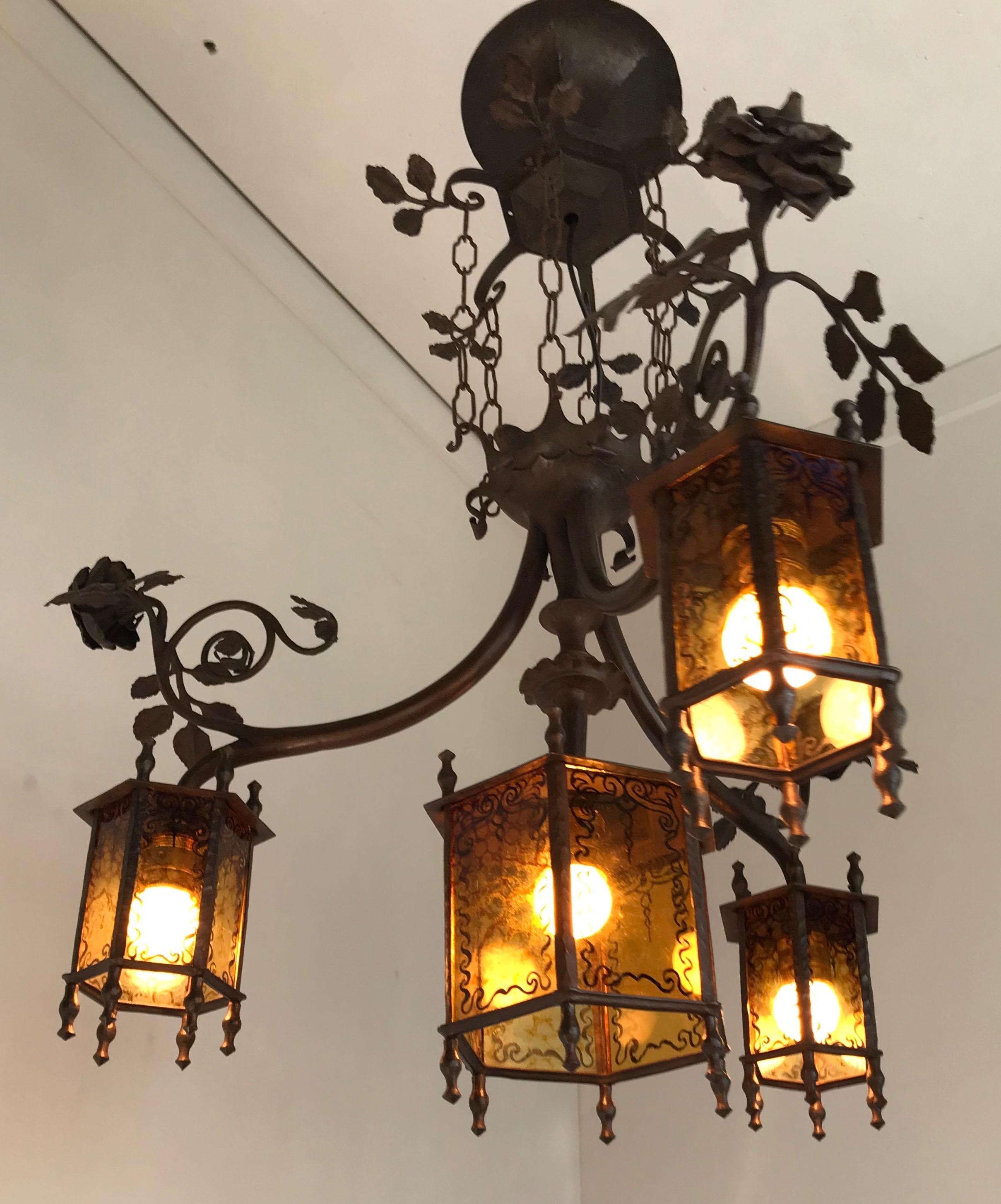 Exclusive Arts & Crafts Wrought Iron and Glass Chandelier w Roses Bush Theme For Sale 6