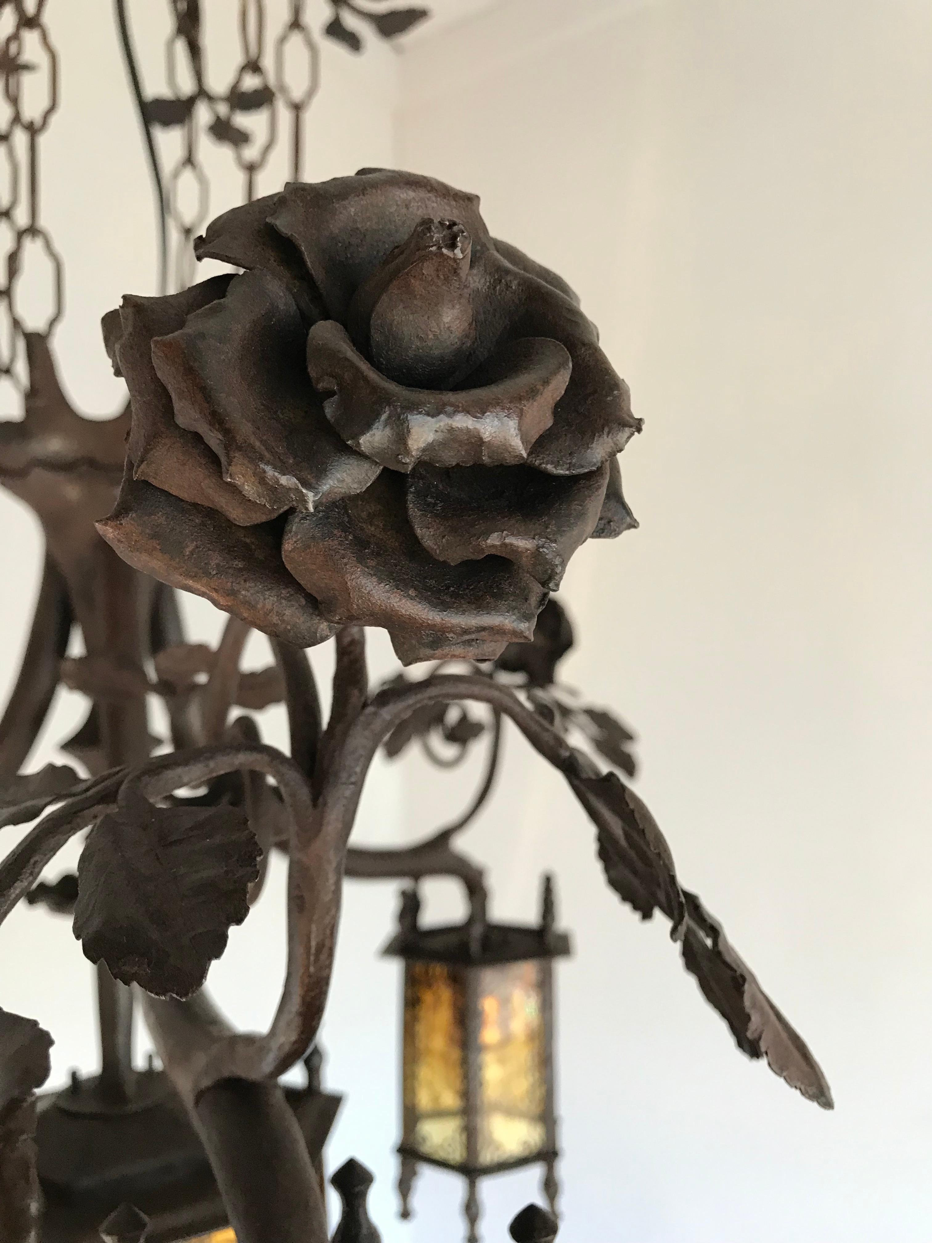 Blackened Exclusive Arts & Crafts Wrought Iron and Glass Chandelier w Roses Bush Theme For Sale
