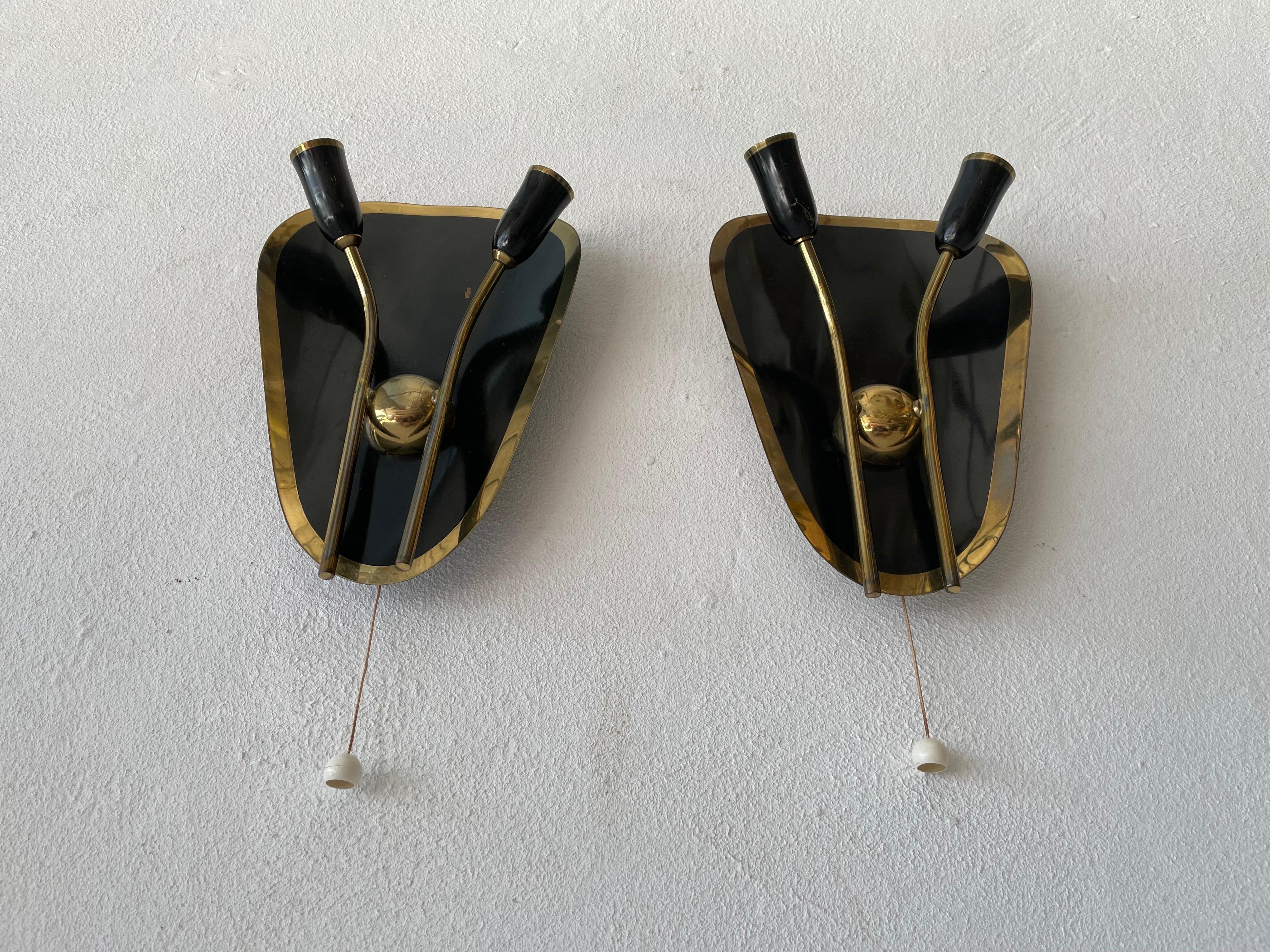 Mid-Century Modern Exclusive Atomic Design Brass Black Metal Pair of Sconces, 1950s, Germany For Sale
