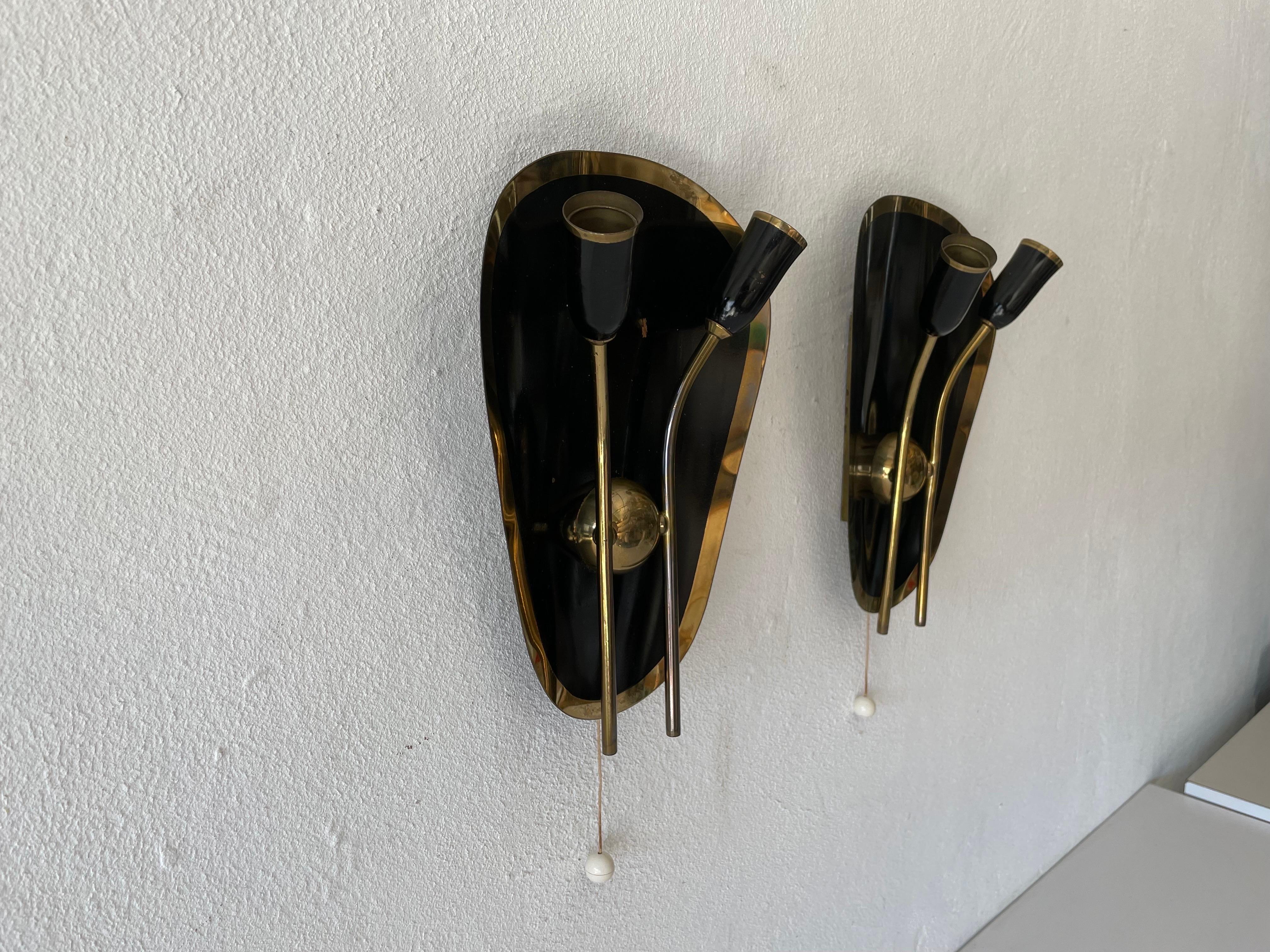 Exclusive Atomic Design Brass Black Metal Pair of Sconces, 1950s, Germany In Good Condition For Sale In Hagenbach, DE