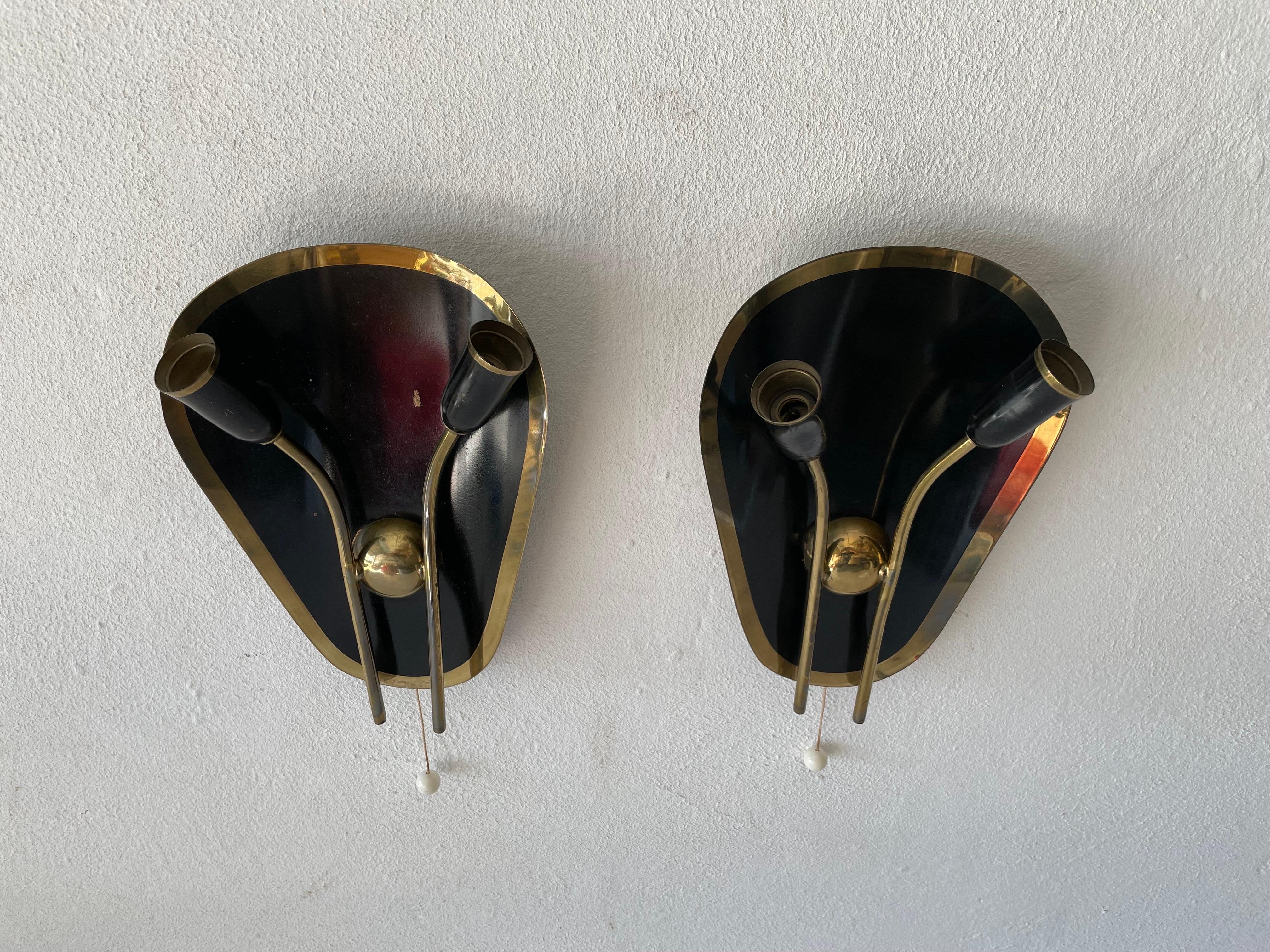 Mid-20th Century Exclusive Atomic Design Brass Black Metal Pair of Sconces, 1950s, Germany For Sale