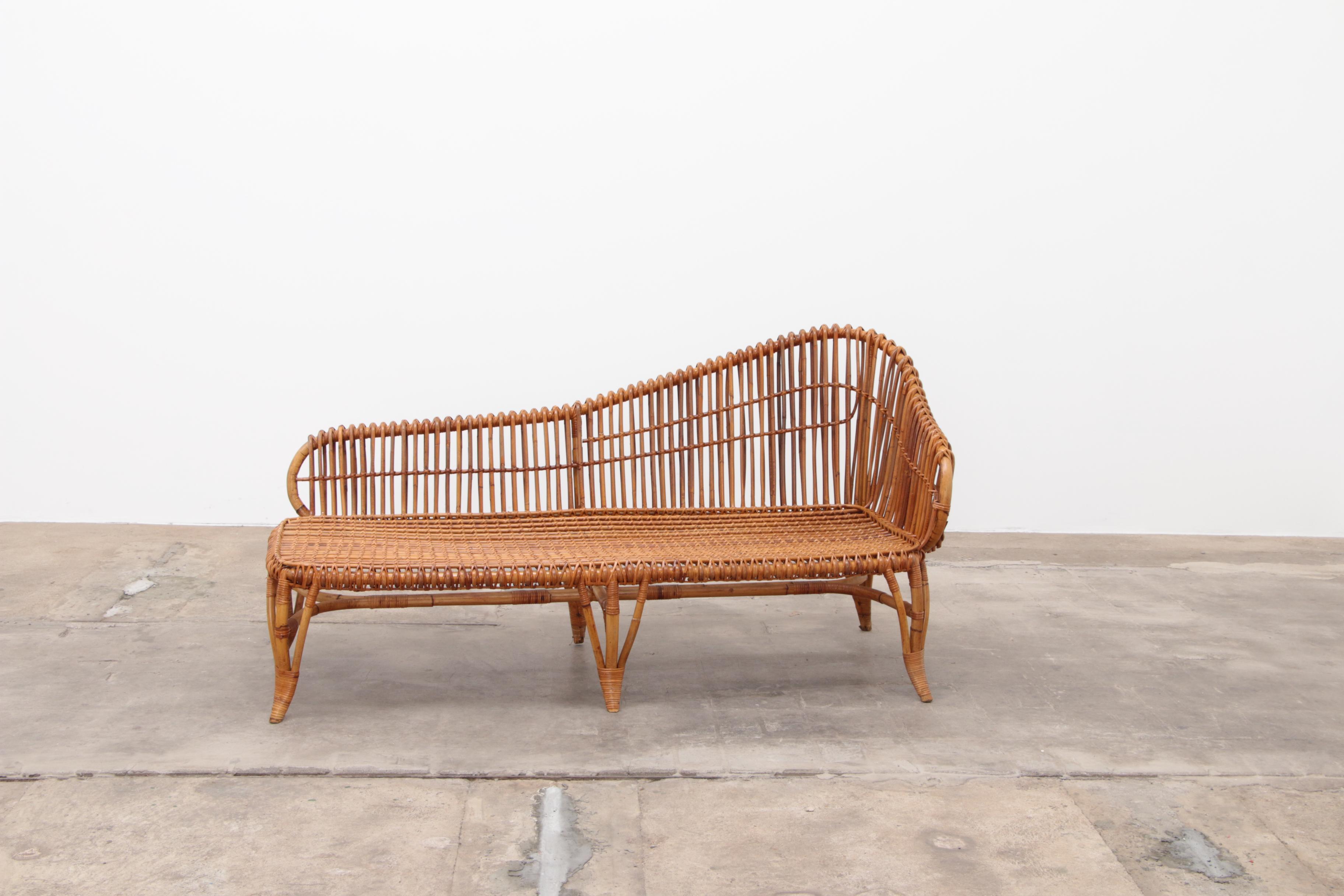 Bohemian Exclusive Bamboo and Rattan Chaise Lounge Attributed to Franco Albini For Sale