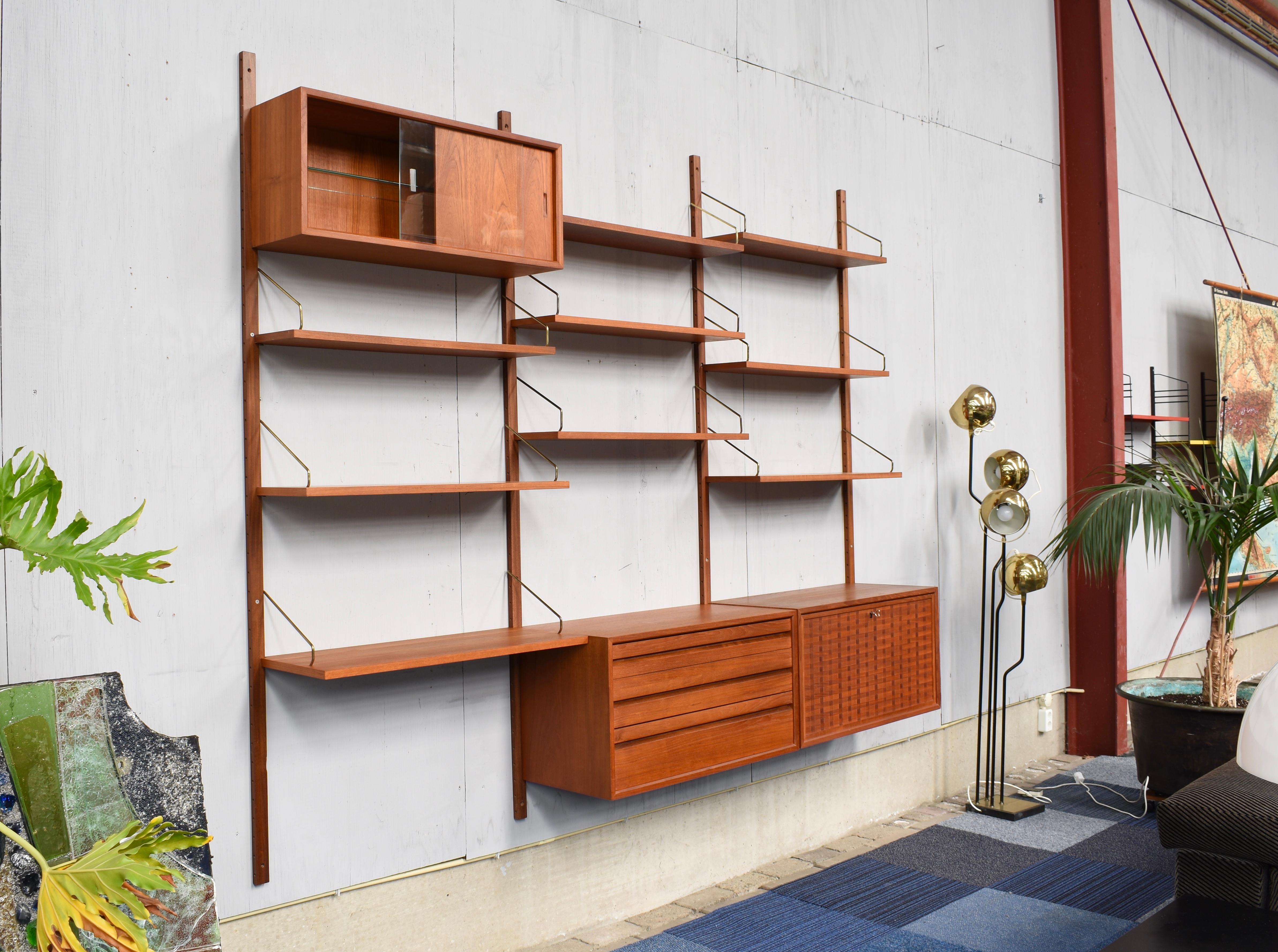 Scandinavian Modern Exclusive Brass and Teak Royal Series Wall Unit by Poul Cadovius, Denmark, 1950