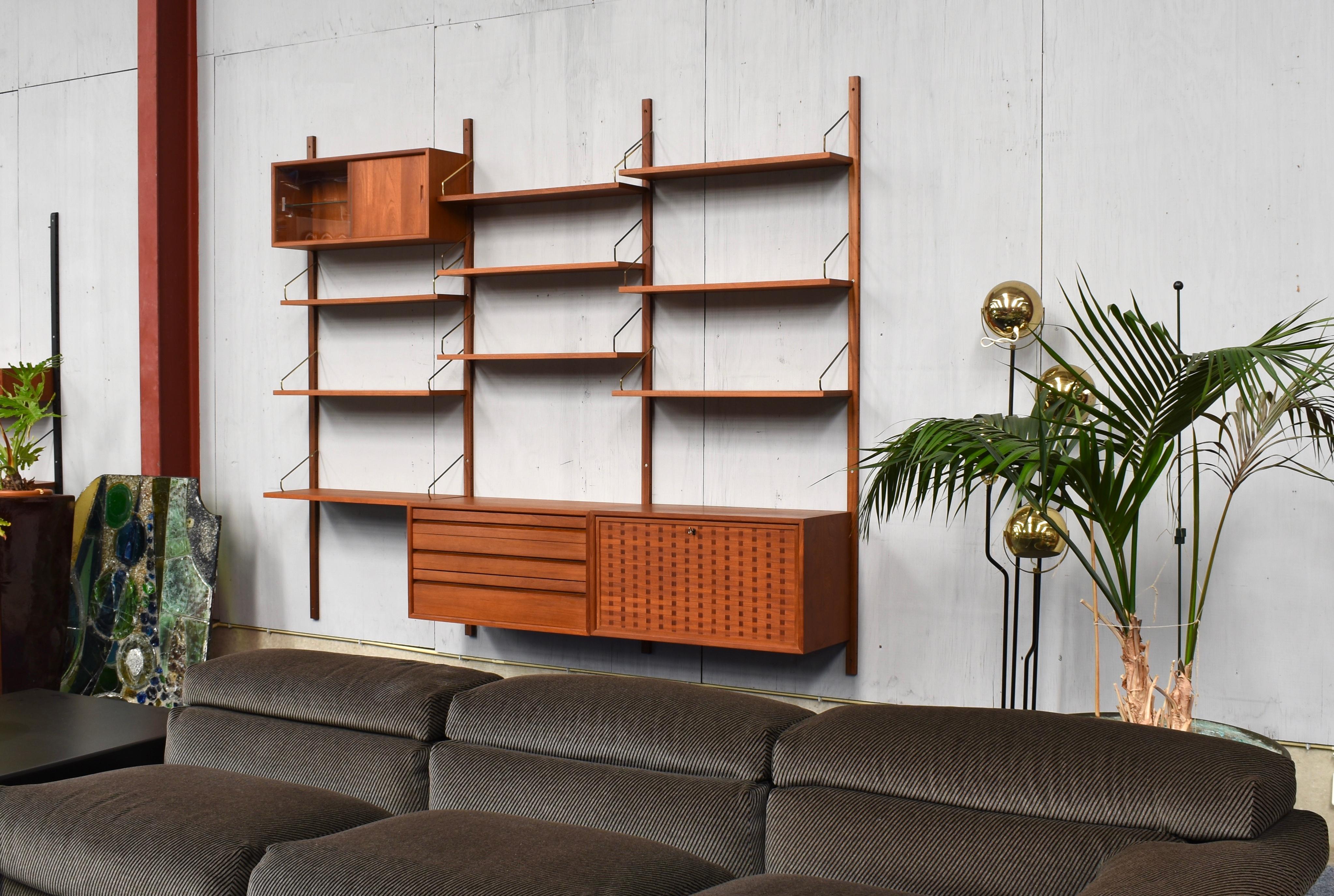Danish Exclusive Brass and Teak Royal Series Wall Unit by Poul Cadovius, Denmark, 1950