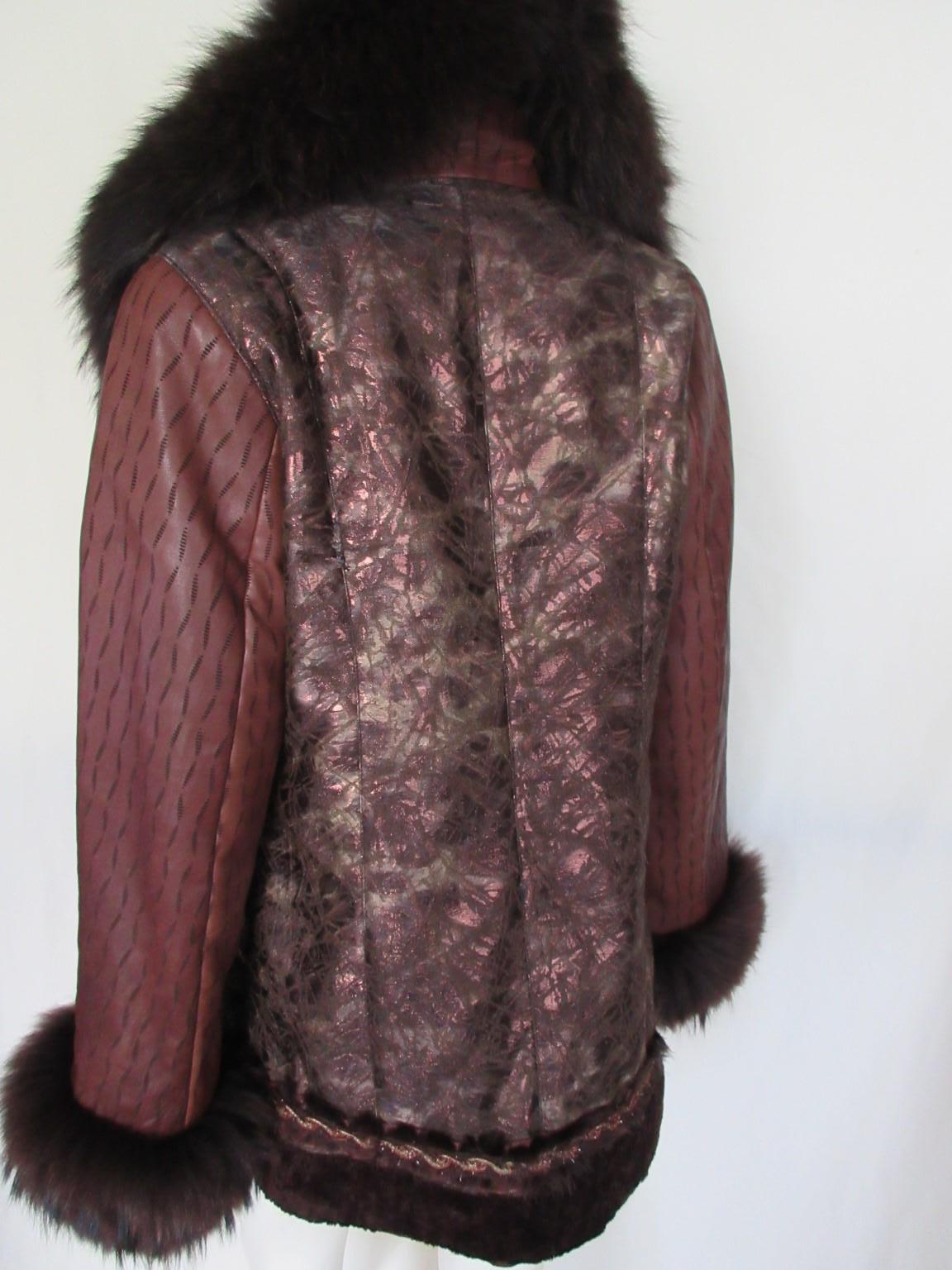 Black Exclusive Bronze Brown Leather Fox Fur Coat For Sale