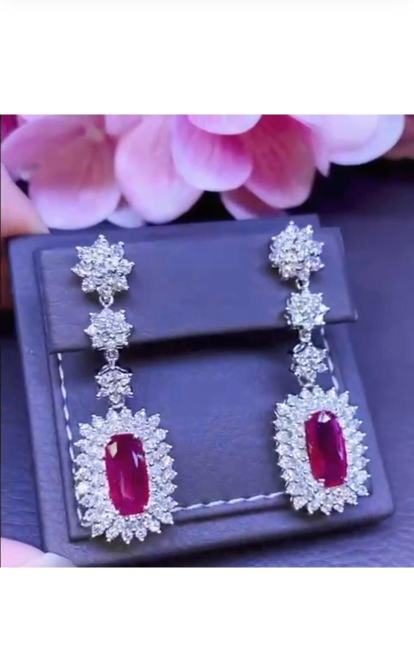 Cushion Cut Exclusive Certified 8, 33 of Burma Rubies and Diamonds on Earrings For Sale
