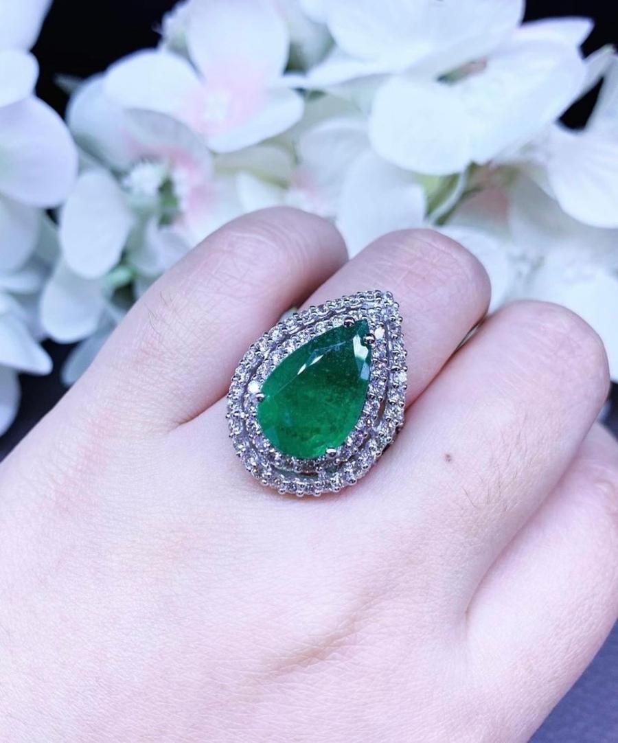 Contemporary Exclusive Certified Ct 6, 74 of Zambia Emerald and Diamonds on Ring For Sale