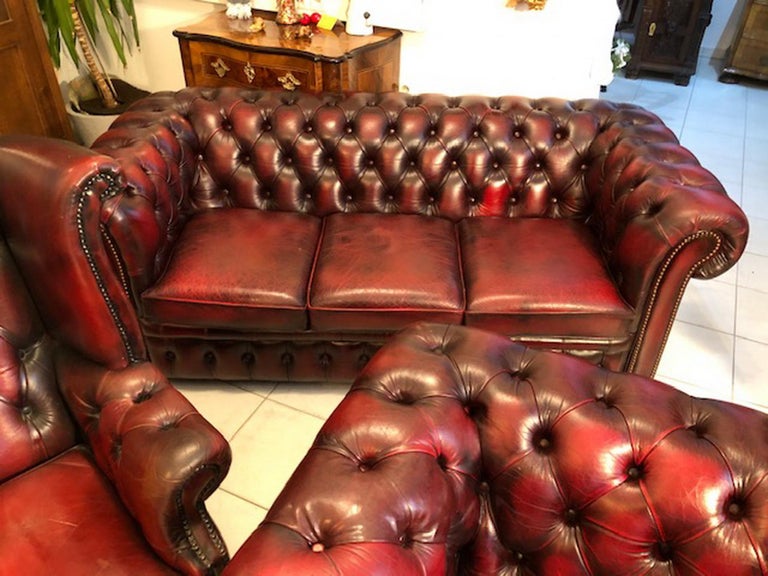 Exclusive Chesterfield Living Room Set in Antique Red Leather at 1stDibs