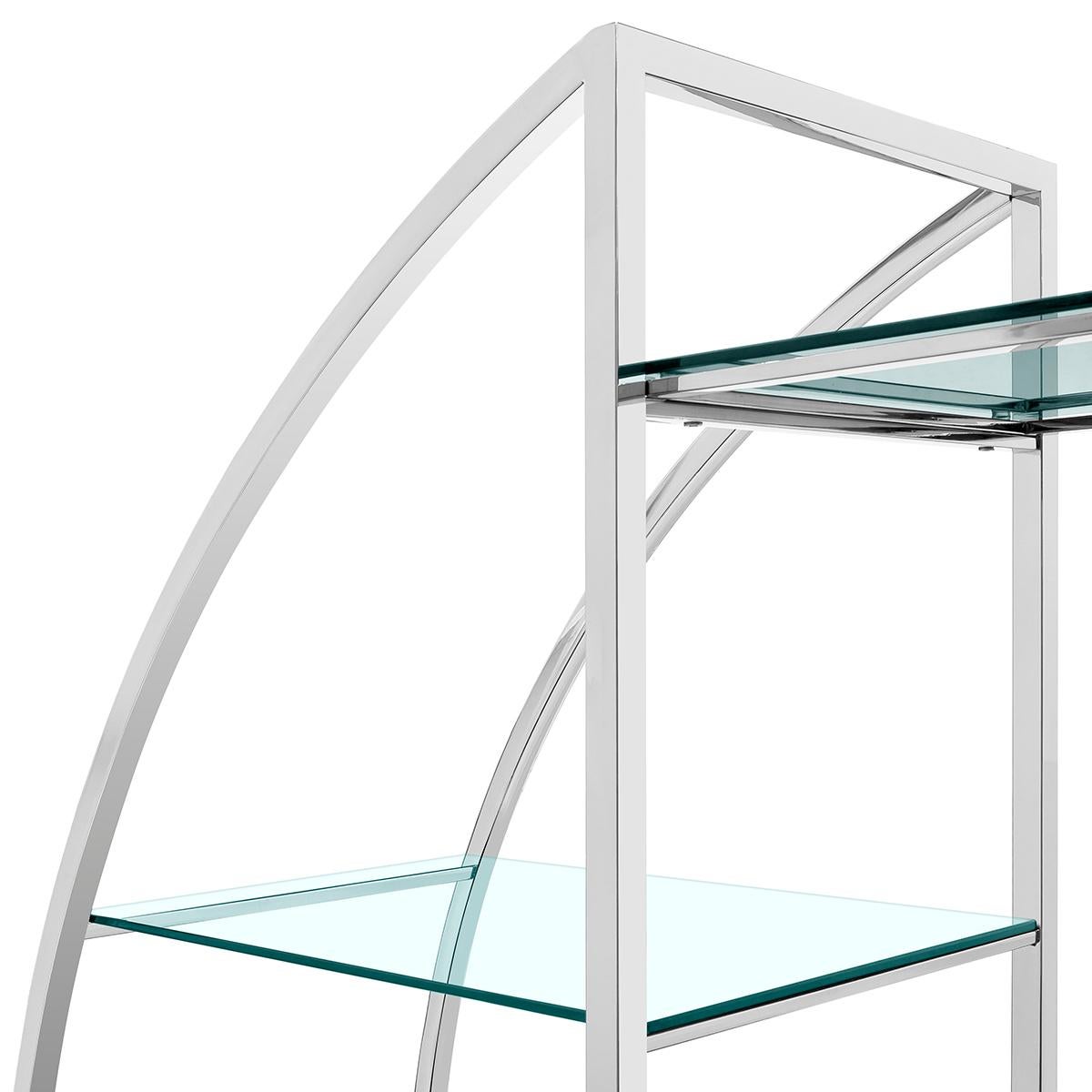 Exclusive chrome Omega shelf from Abhika Mod. Austin-Shelf

Chrome shelf in timeless circular shape, consisting of chrome, metal and glass. 
Made in Italy.
Best workmanship in mint condition. Chrome shelving room divider in Art Deco style round