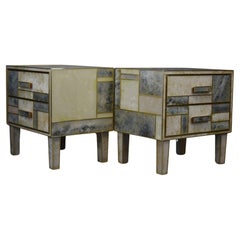 "Paire de tables de chevet en noyer et verre de Murano effet pierre, faites à la main".
