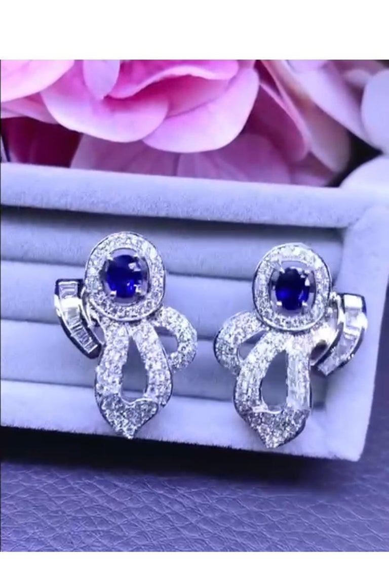 Exclusive Design with 3, 38 Carats of Ceylon Sapphires and Diamonds on Earrings For Sale at 1stDibs
