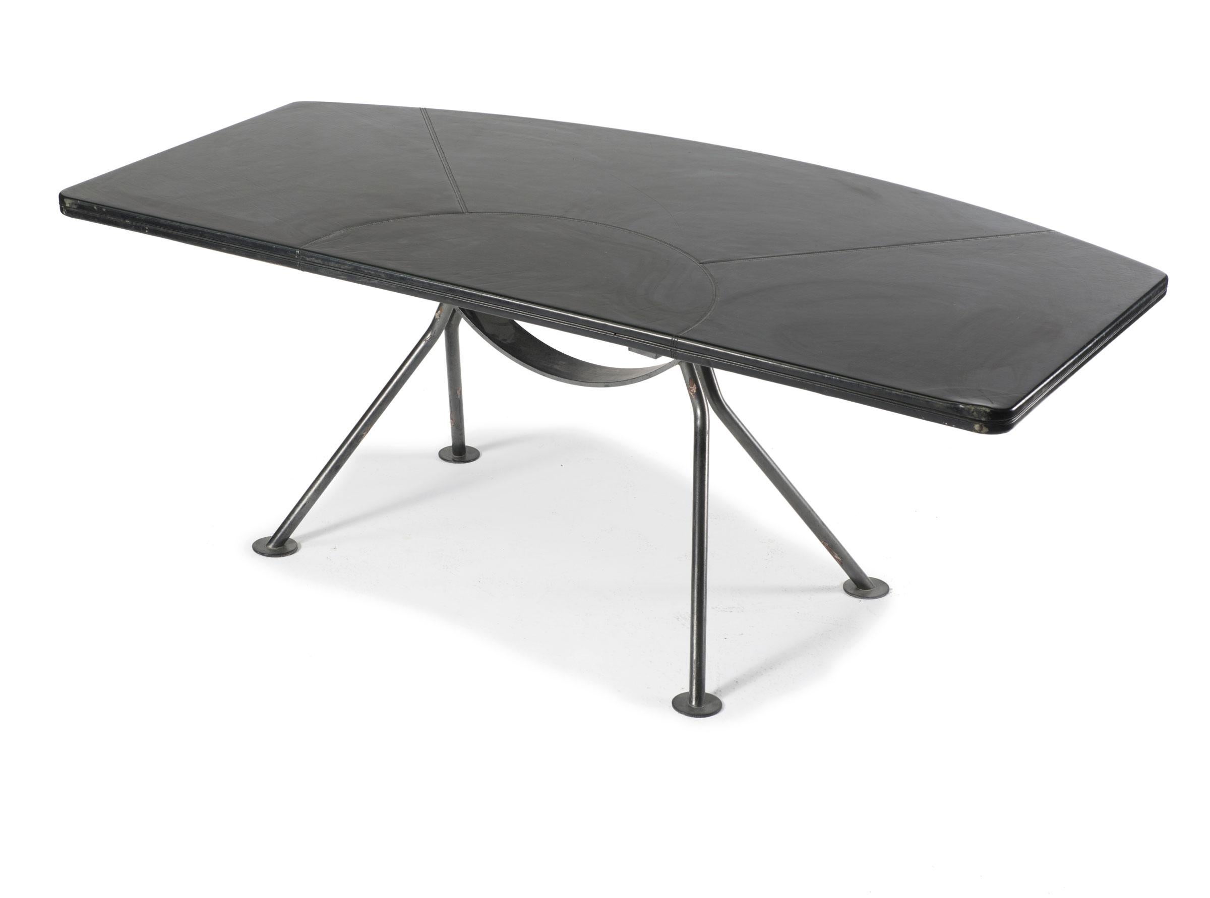Exclusive designer desk Sir Norman Foster Architecture school, 1980s

Large, extravagant designer writing desk, two-part.
Tabletop made of black leather, hand sewn in symmetrical table layouts.

This desk is absolutely unique and comes from a
