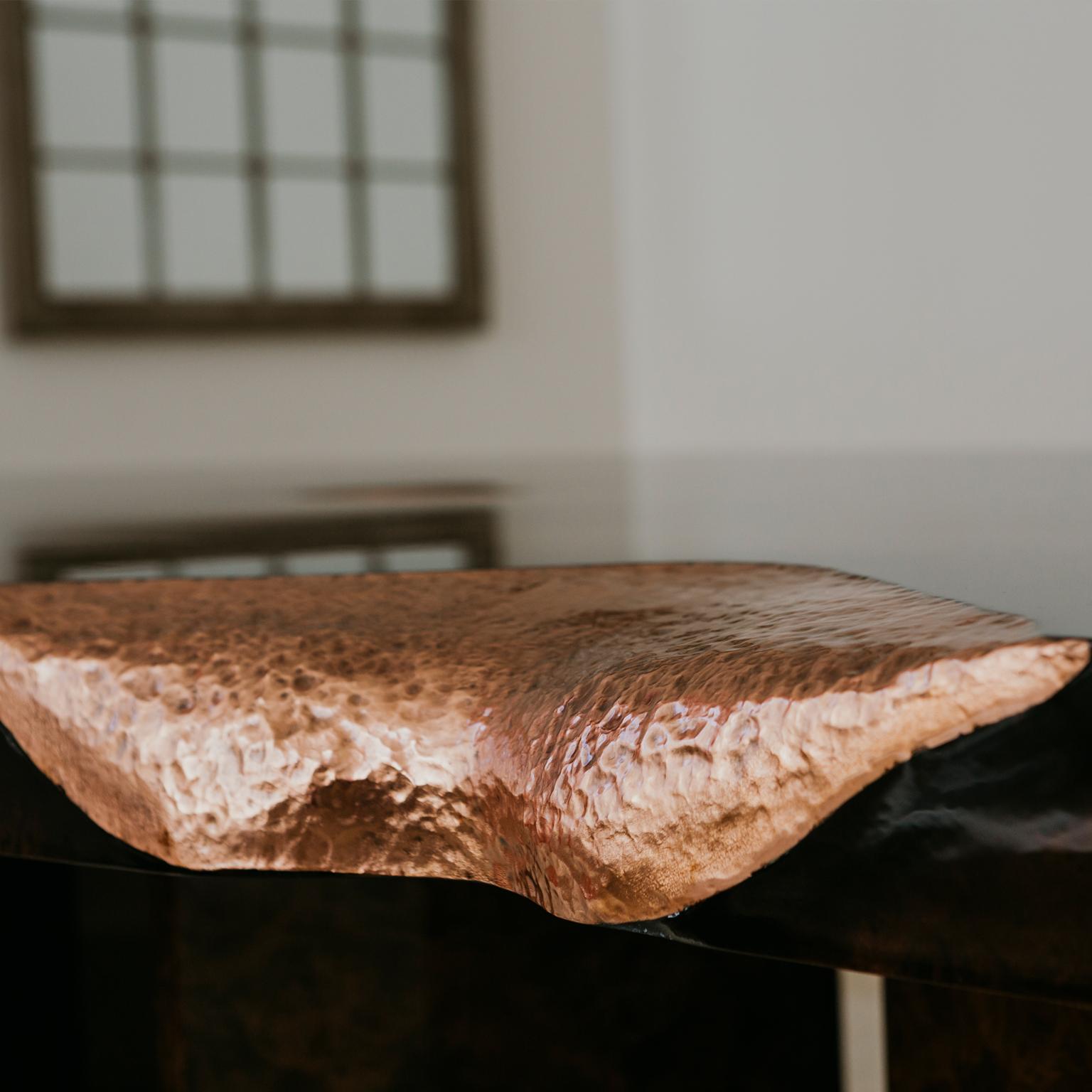 Hammered Modern Eclectic Dining or Office, Conference Table with Poplar Roots, Copper  For Sale
