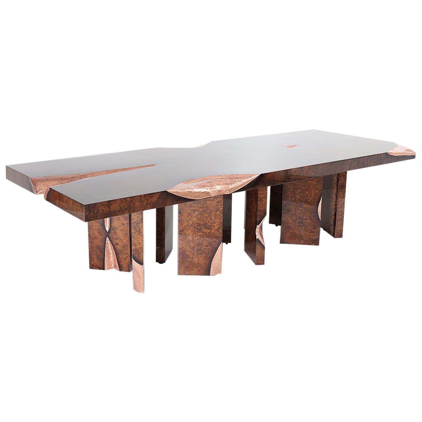 Table de conférence ou de salle à manger ou de bureau moderne et éclectique avec racines de peuplier, cuivre 