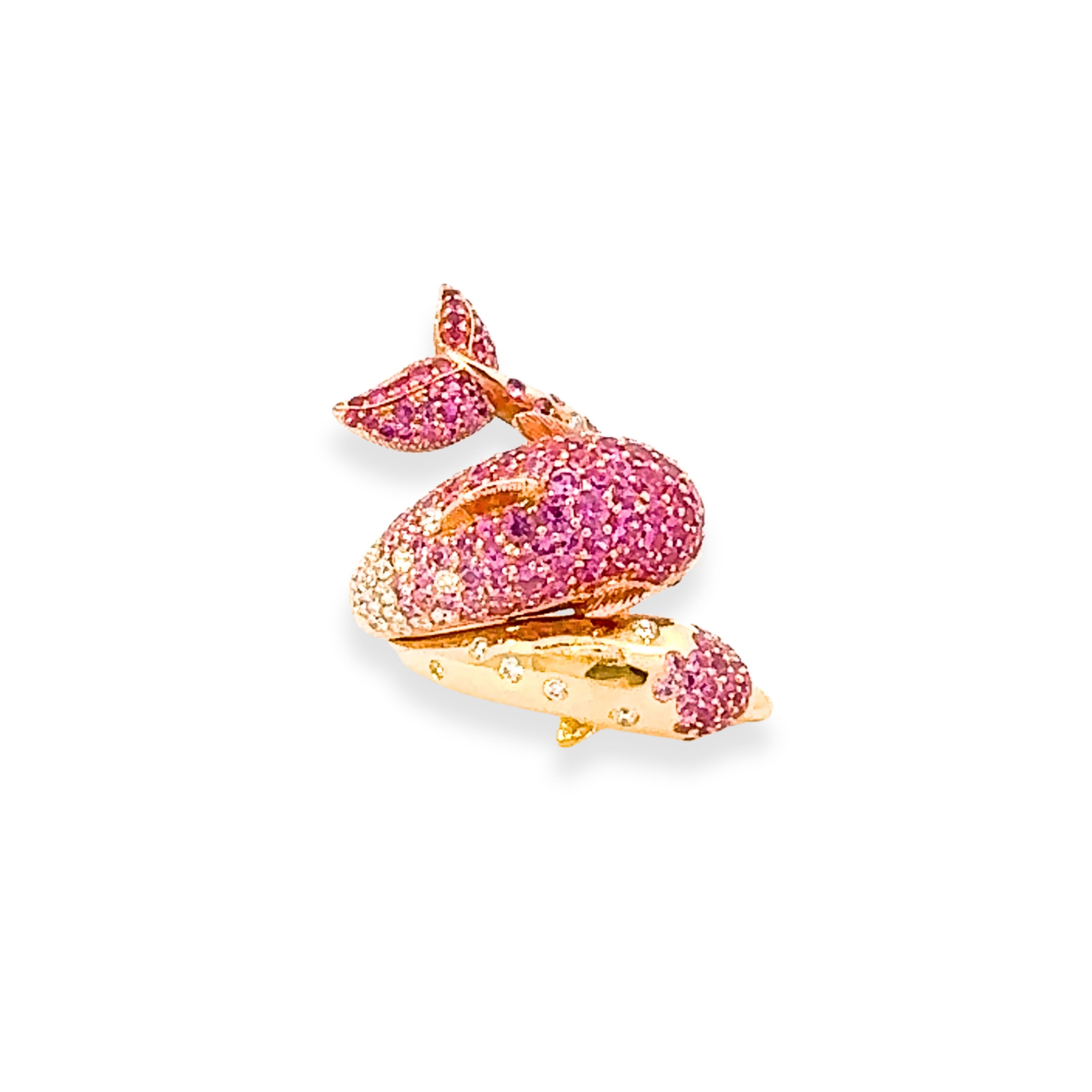 Modern Exclusive Dolphin Pink Sapphire Diamond 18K Yellow Gold Exclusive Ring For Sale