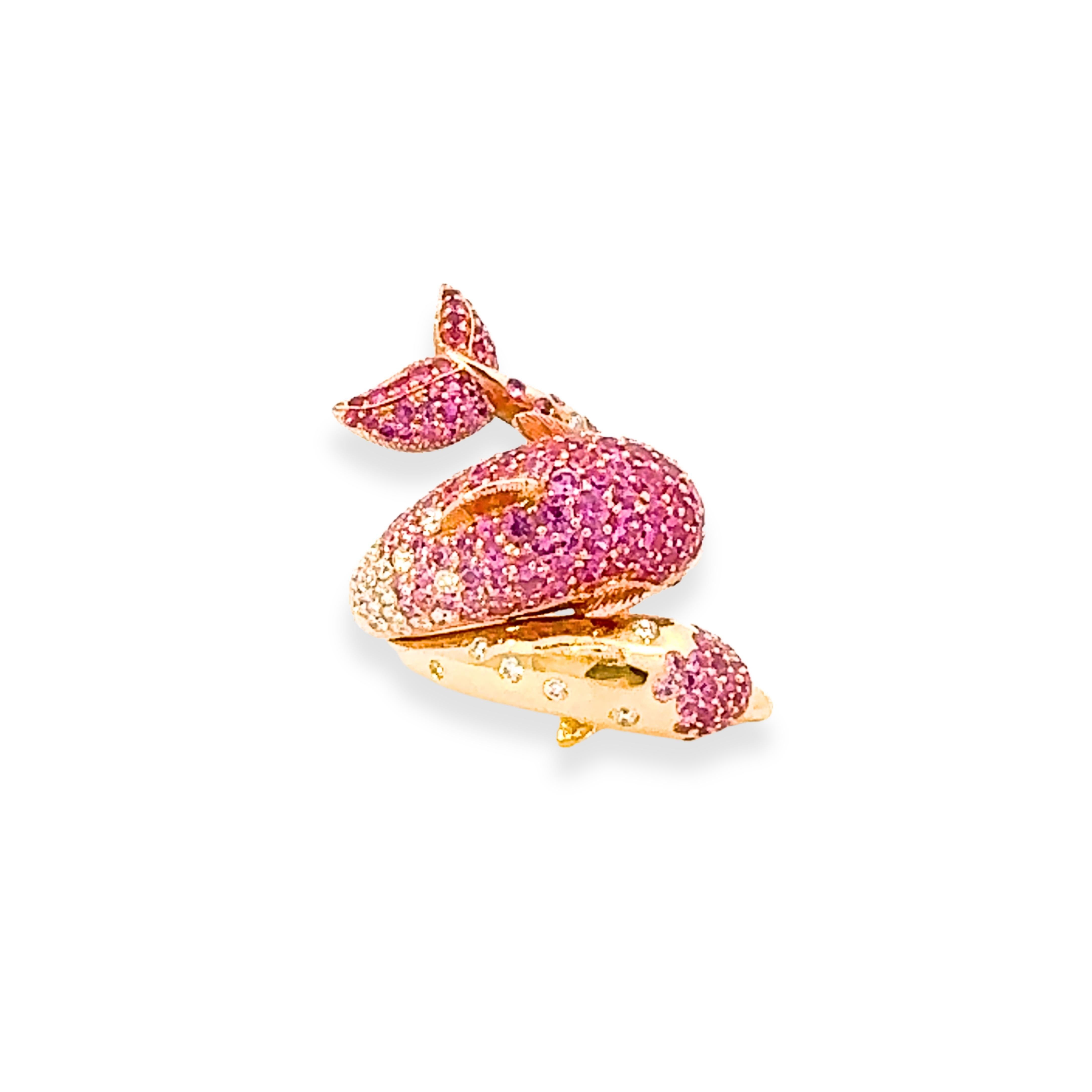 Moderne Bague exclusive en or jaune 18K pour dauphin, saphir rose et diamant en vente