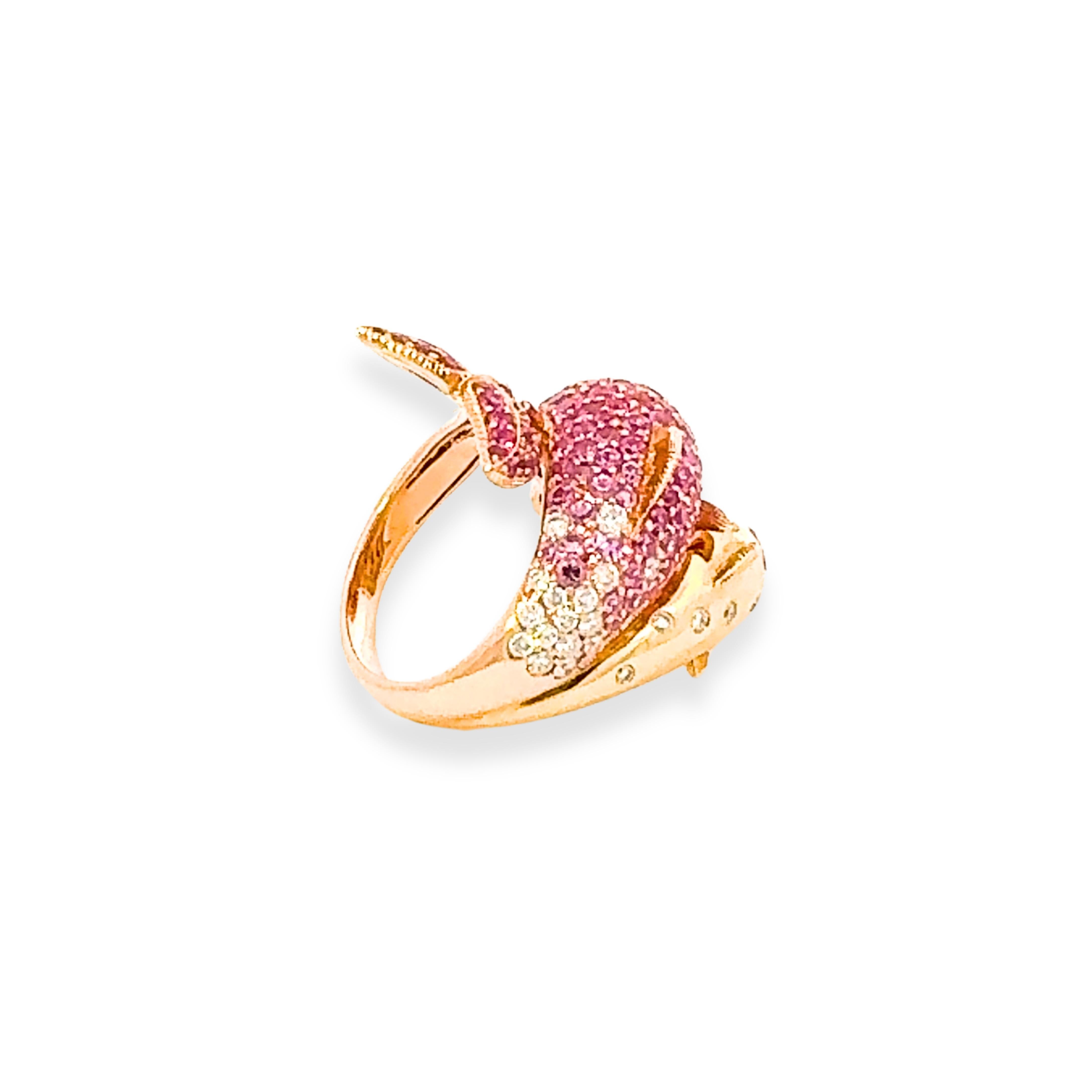 Round Cut Exclusive Dolphin Pink Sapphire Diamond 18K Yellow Gold Exclusive Ring For Sale
