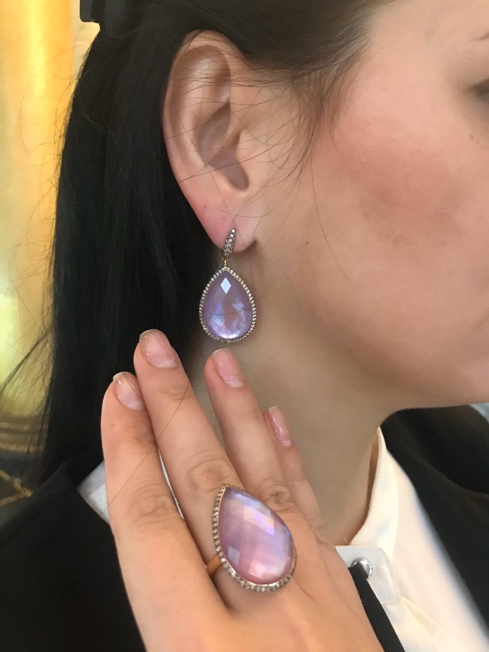 Round Cut Exclusive Double Amethyst Pink Nacre 18 Karat Diamond Designer Earrings For Sale