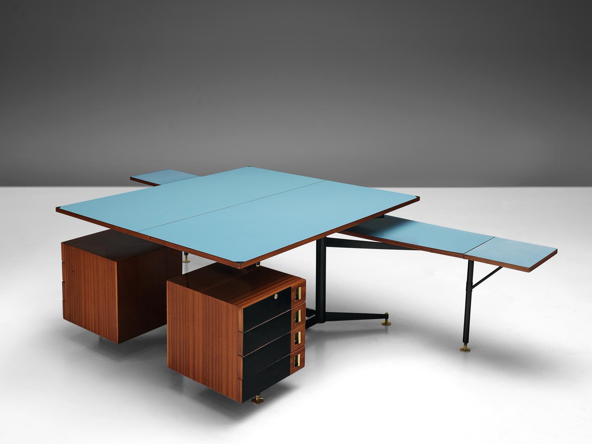 Double desk with side tables, Italian walnut and laminated top, and brass, Europe, 1960s. 

Exclusive double desk. Both desks are equipped with drawers and a side table to optimise the workspace. The desks are made out of beautiful materials. The