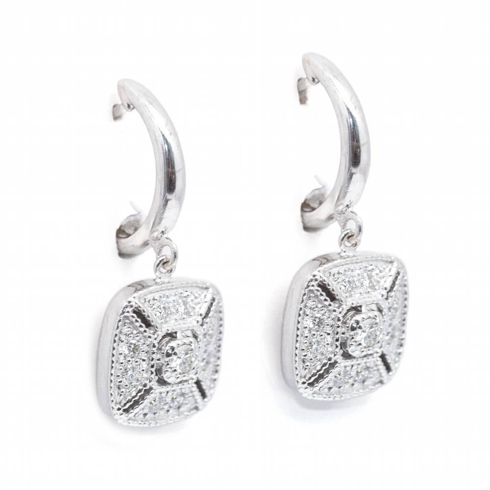 Vintage Style Gold Earrings for women  Brilliant Cut Diamonds with a total weight of 0.31ct  18kt White Gold  4.00 grams.  Sizes: 2.5cm long and 1.0cm wide  Brand new item  Ref.D361161SP
