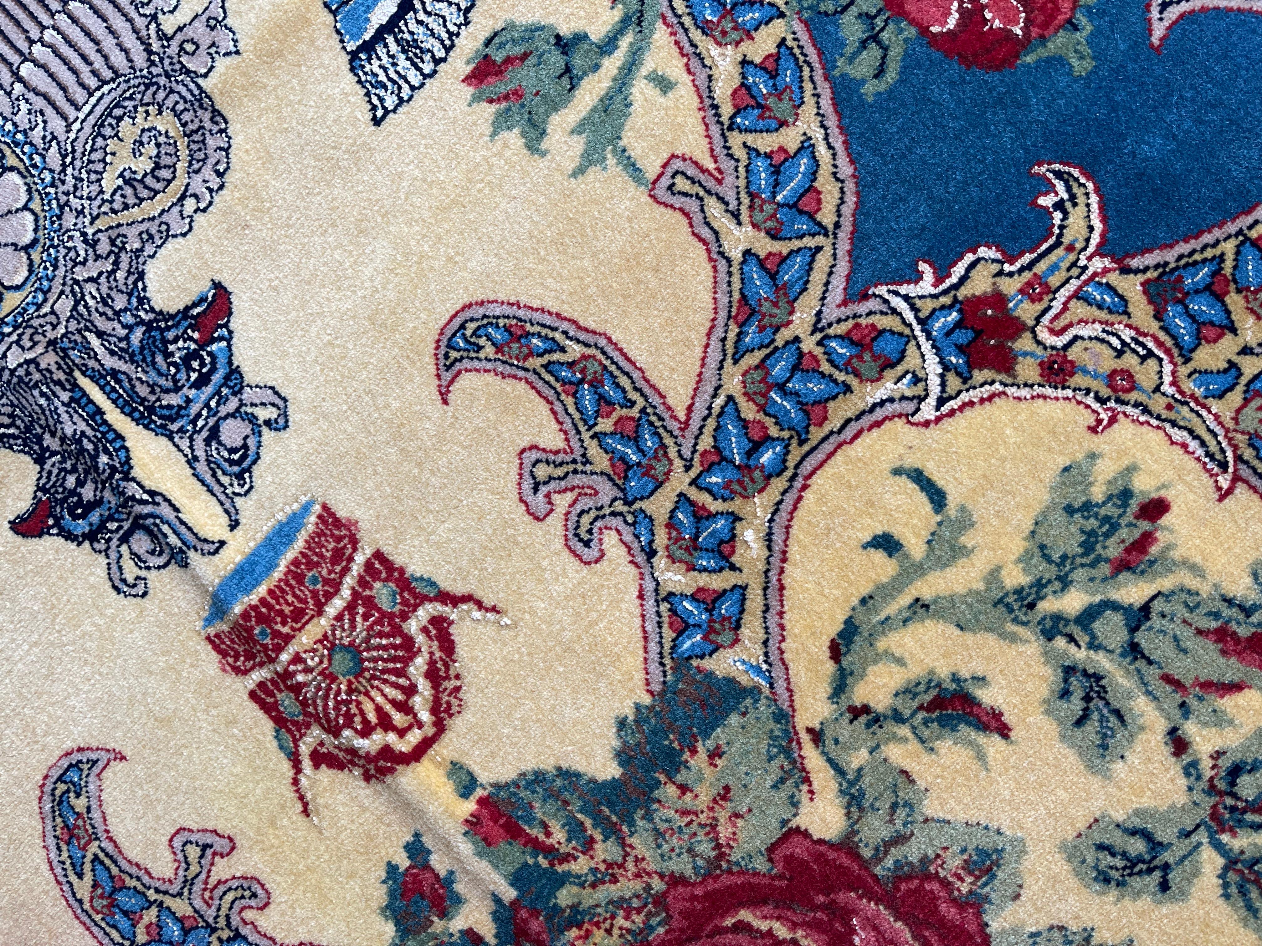 Exclusive Floral Rug, Blue Silk Handwoven Carpet, Symbolic Kurdish Oriental Rug For Sale 10