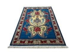 Exclusive Floral Rug, Blue Silk Handwoven Carpet, Symbolic Kurdish Oriental Rug