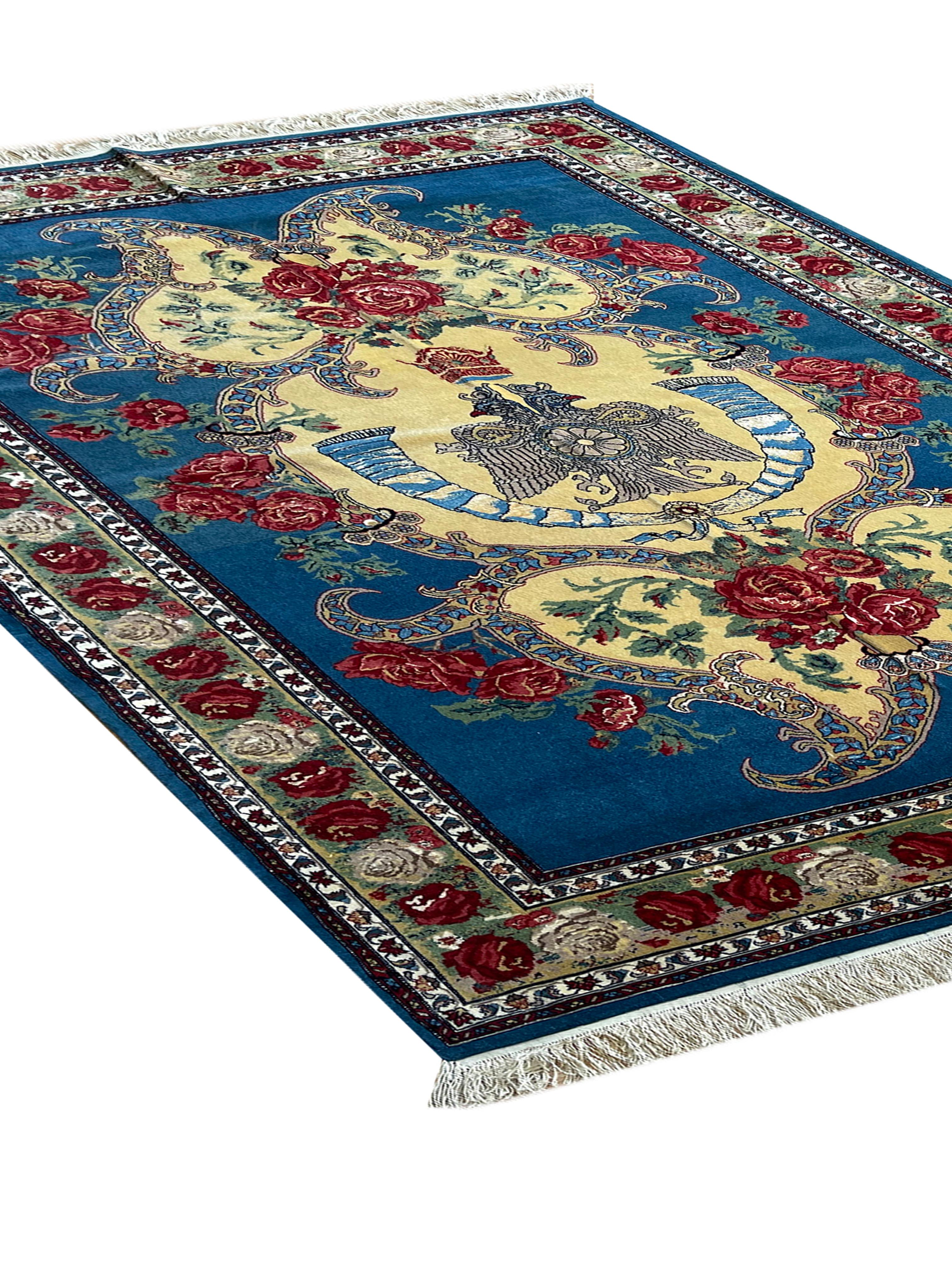 Art Deco Exclusive Floral Rug, Blue Silk Handwoven Carpet, Symbolic Kurdish Oriental Rug For Sale