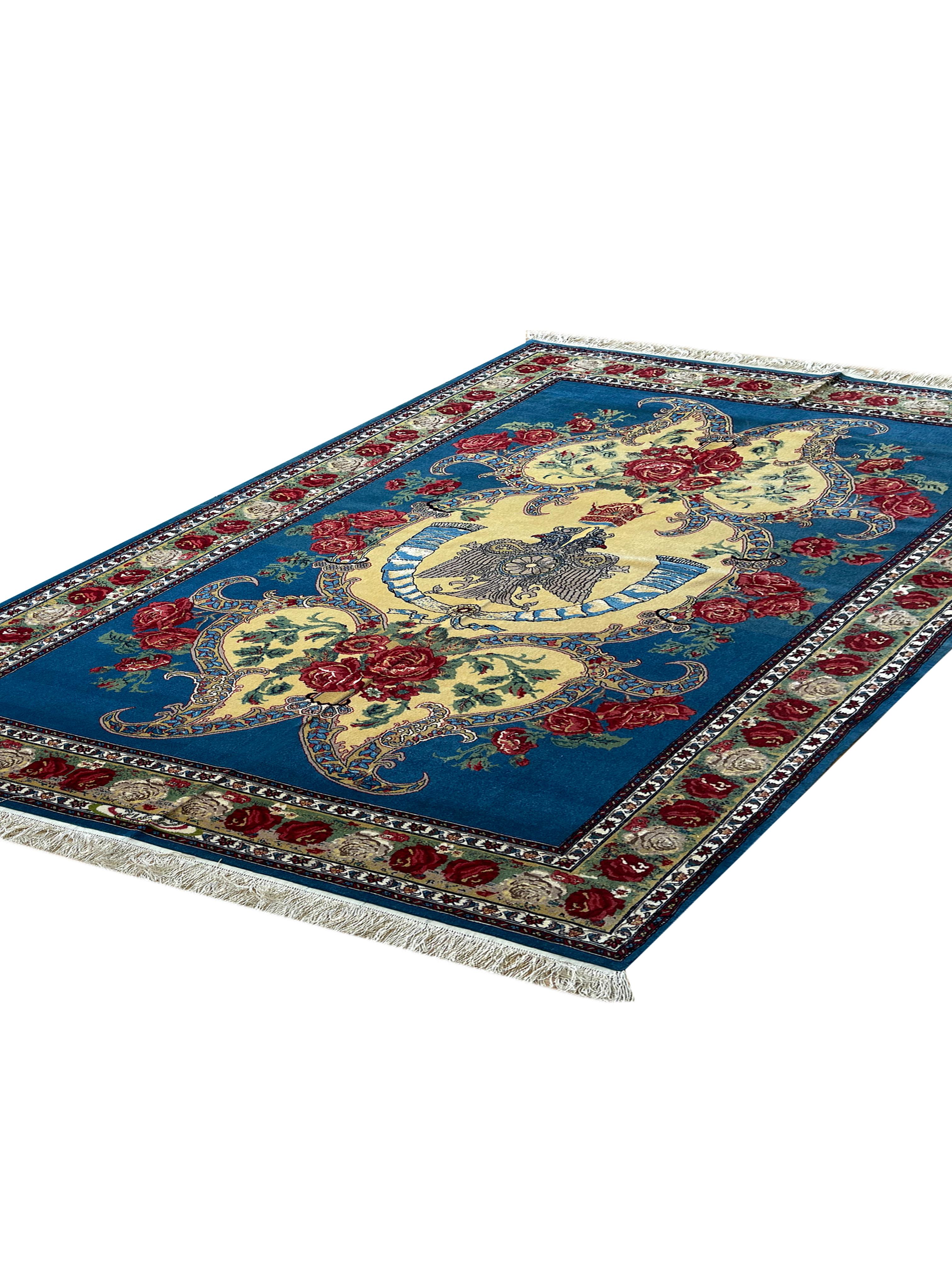 Iraqi Exclusive Floral Rug, Blue Silk Handwoven Carpet, Symbolic Kurdish Oriental Rug For Sale