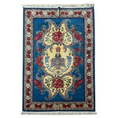 Tapis à fleurs exclusif, tapis bleu en soie tissé à la main, tapis oriental kurde symbolique
