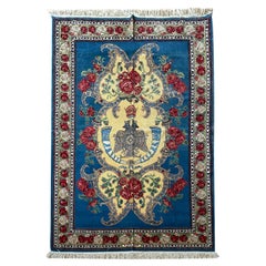 Exclusive Floral Rug, Blue Silk Handwoven Carpet, Symbolic Kurdish Oriental Rug