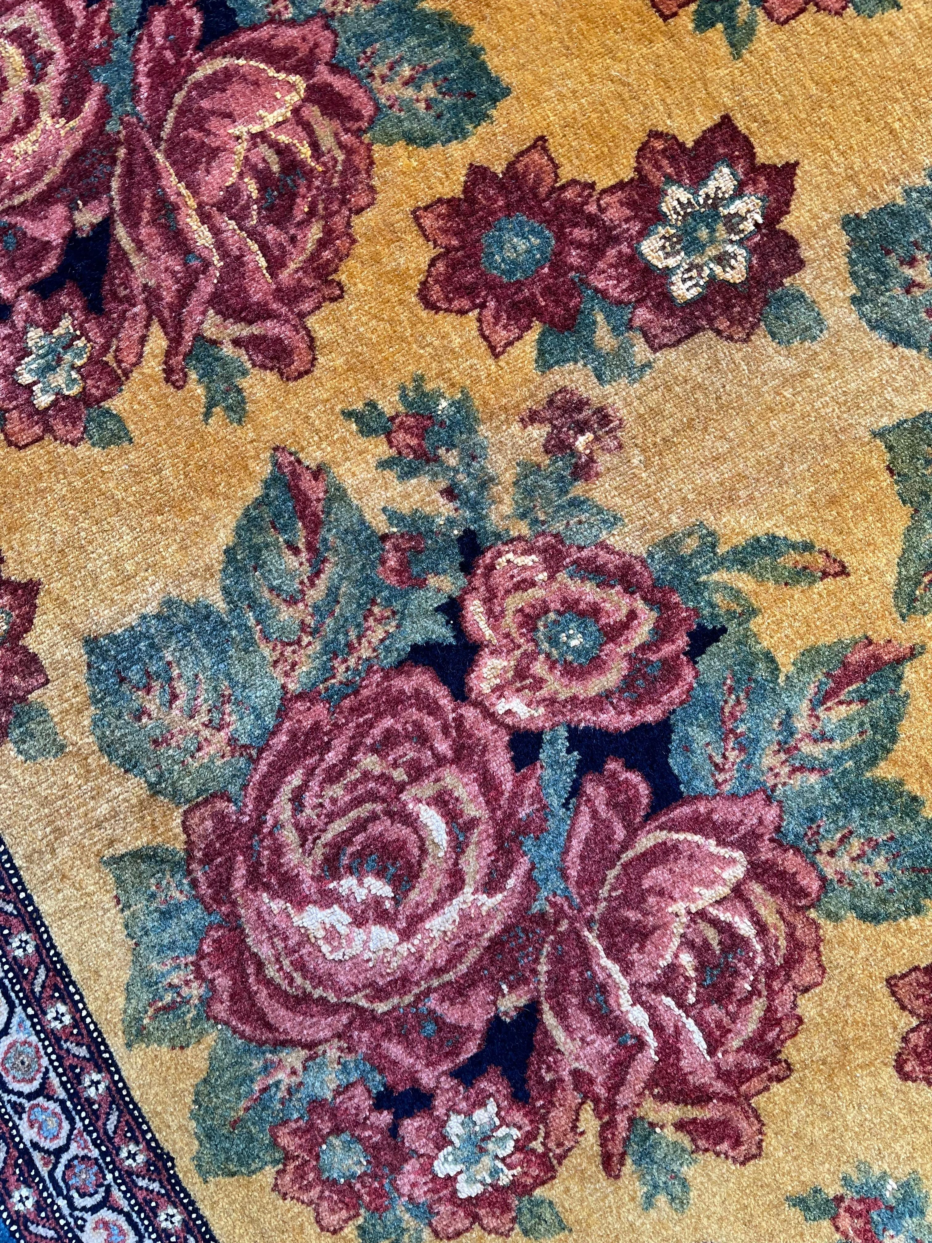 Wool  Exclusive Floral Rug, Gold Silk Handwoven Carpet, Kurdish Oriental Rug For Sale