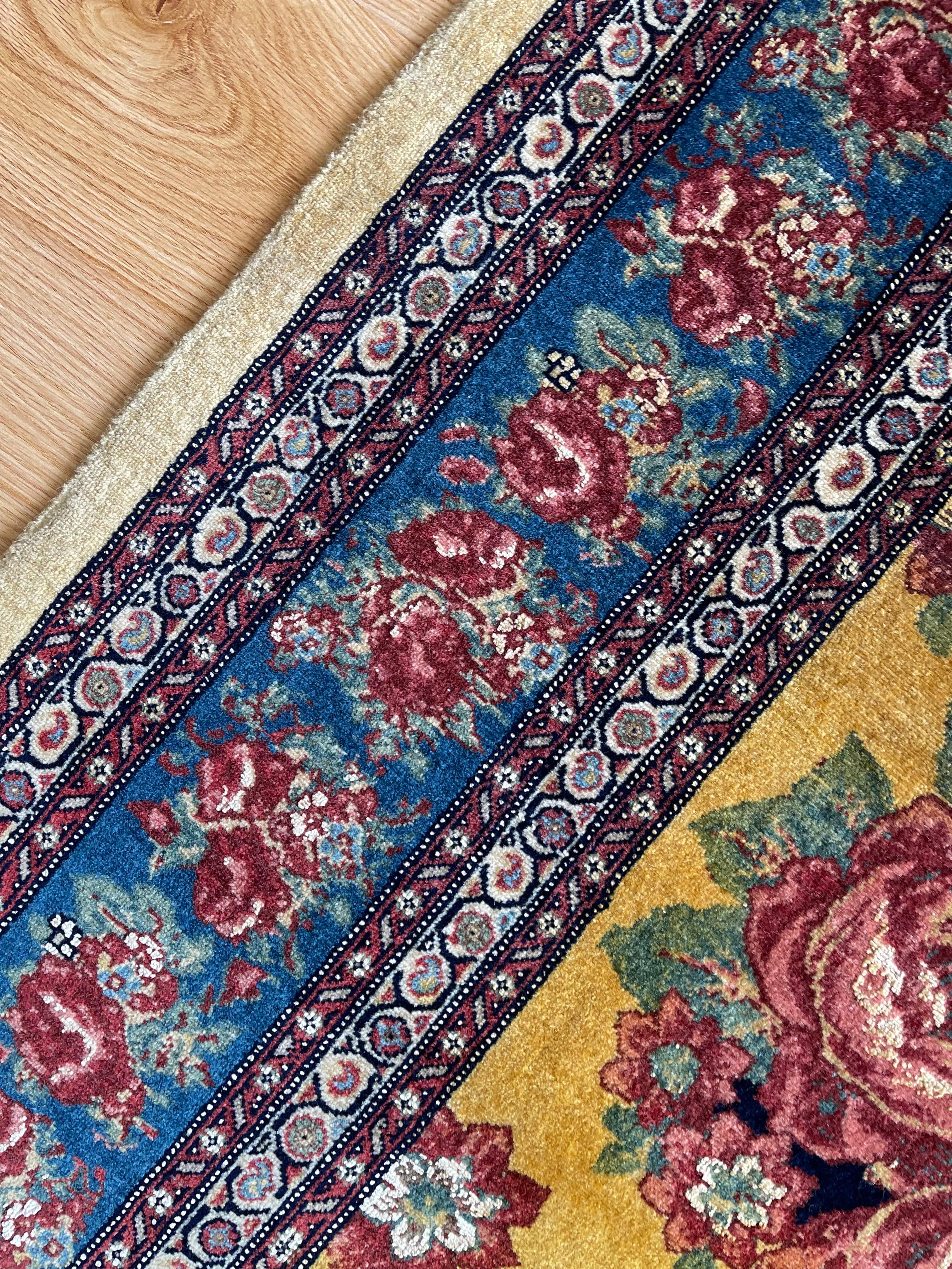 Exclusive Floral Rug, Gold Silk Handwoven Carpet, Kurdish Oriental Rug For Sale 1