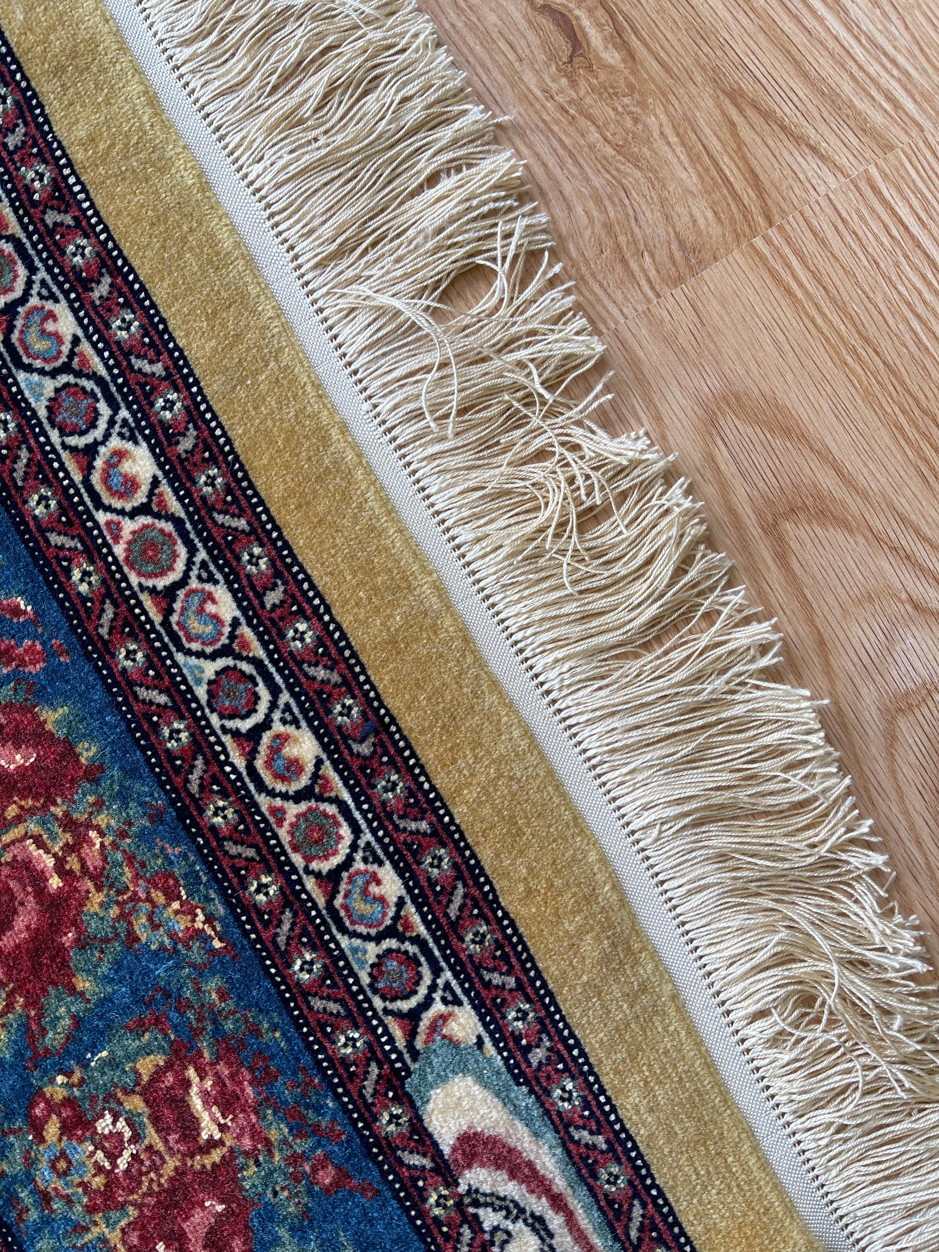  Exclusive Floral Rug, Gold Silk Handwoven Carpet, Kurdish Oriental Rug For Sale 1