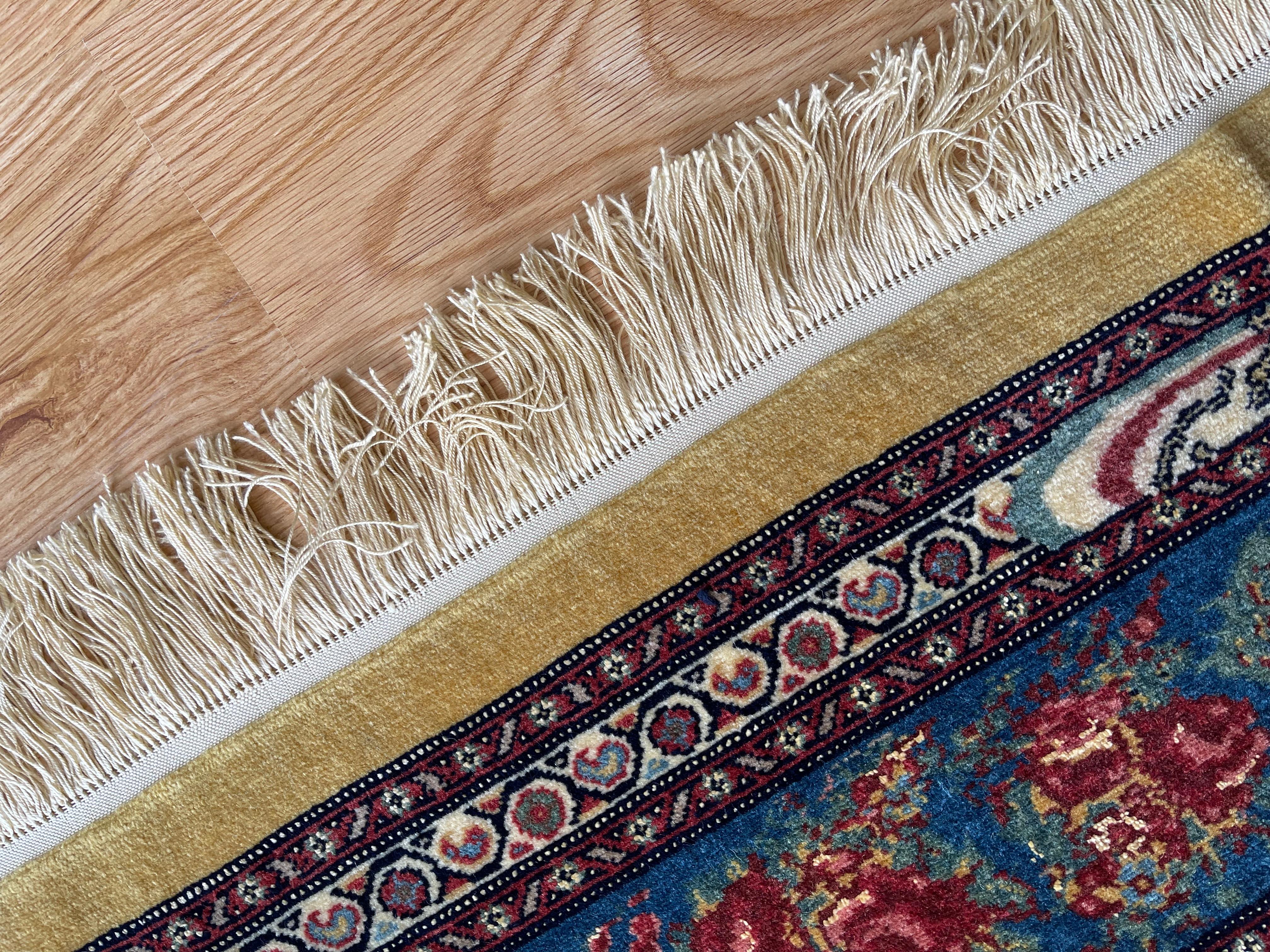  Exclusive Floral Rug, Gold Silk Handwoven Carpet, Kurdish Oriental Rug For Sale 3