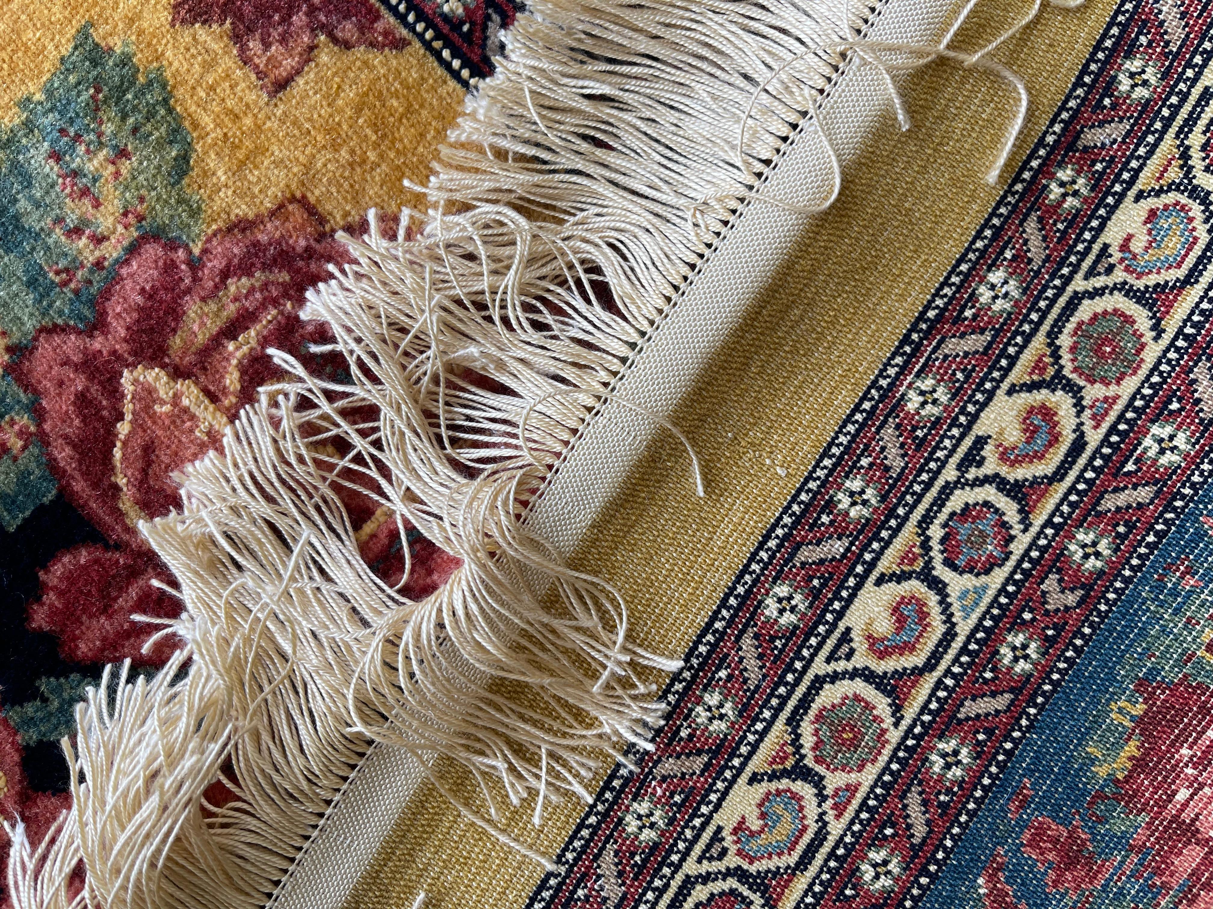  Exclusive Floral Rug, Gold Silk Handwoven Carpet, Kurdish Oriental Rug For Sale 4