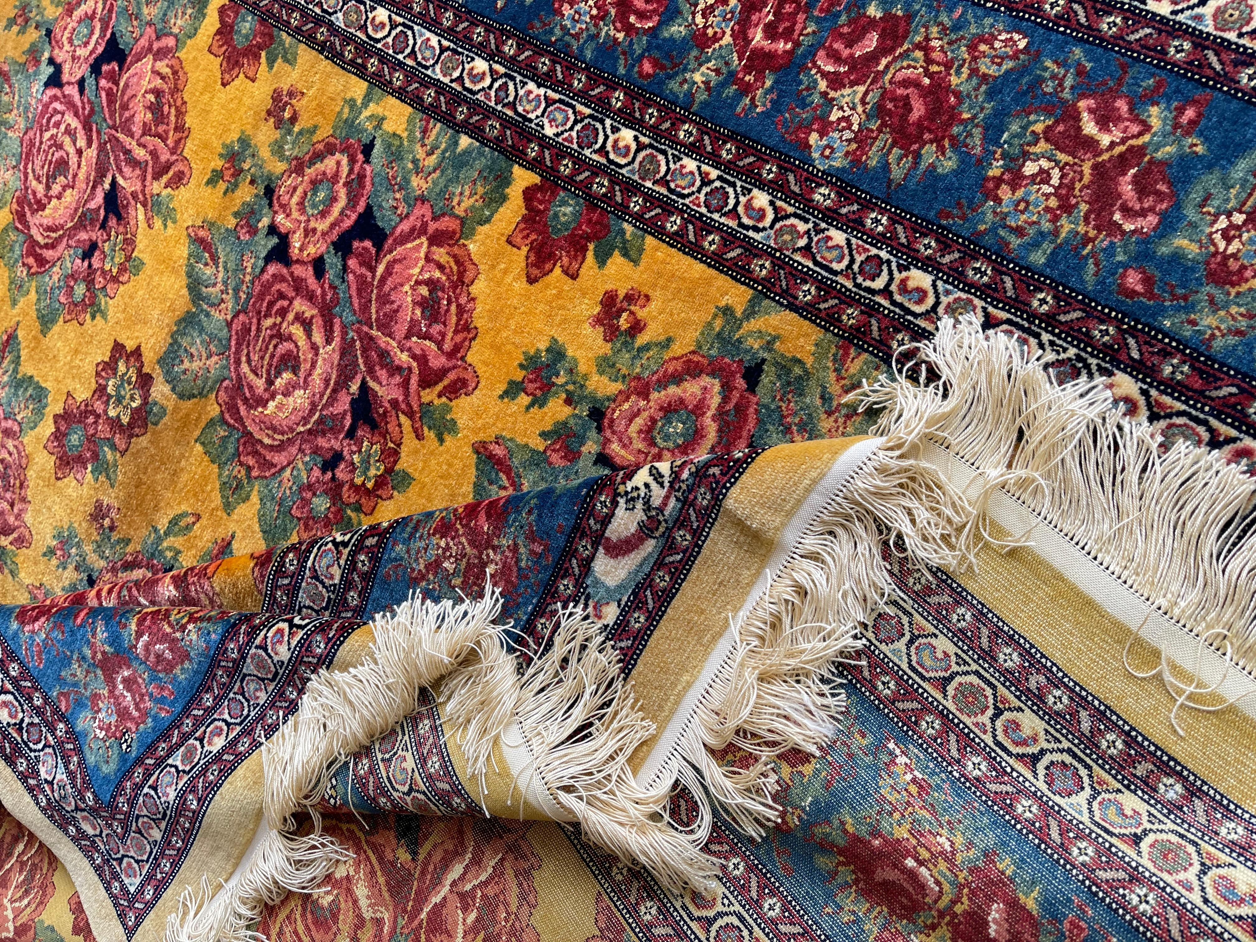  Exclusive Floral Rug, Gold Silk Handwoven Carpet, Kurdish Oriental Rug For Sale 6